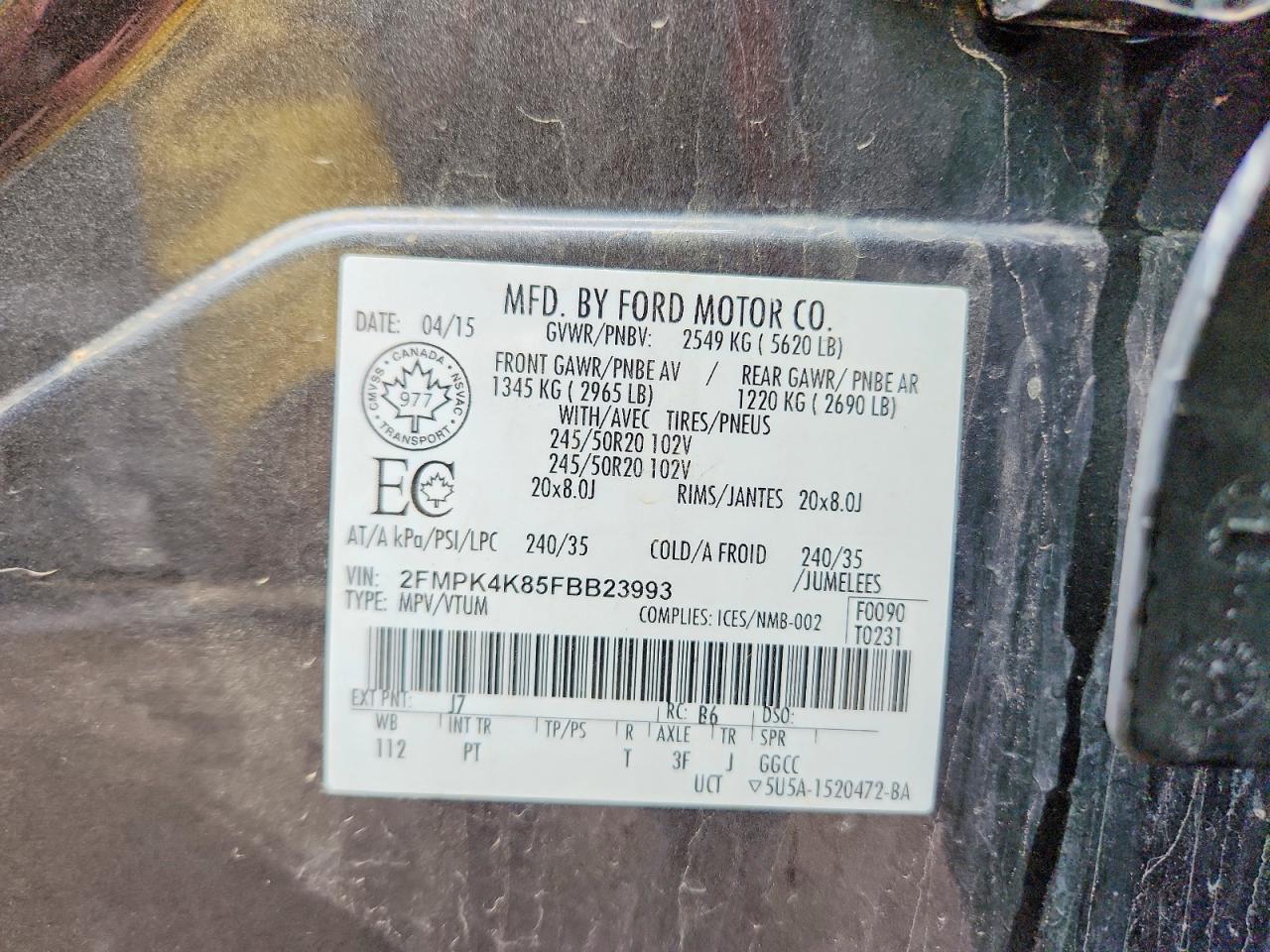 2015 Ford Edge Titanium Gray vin: 2FMPK4K85FBB23993