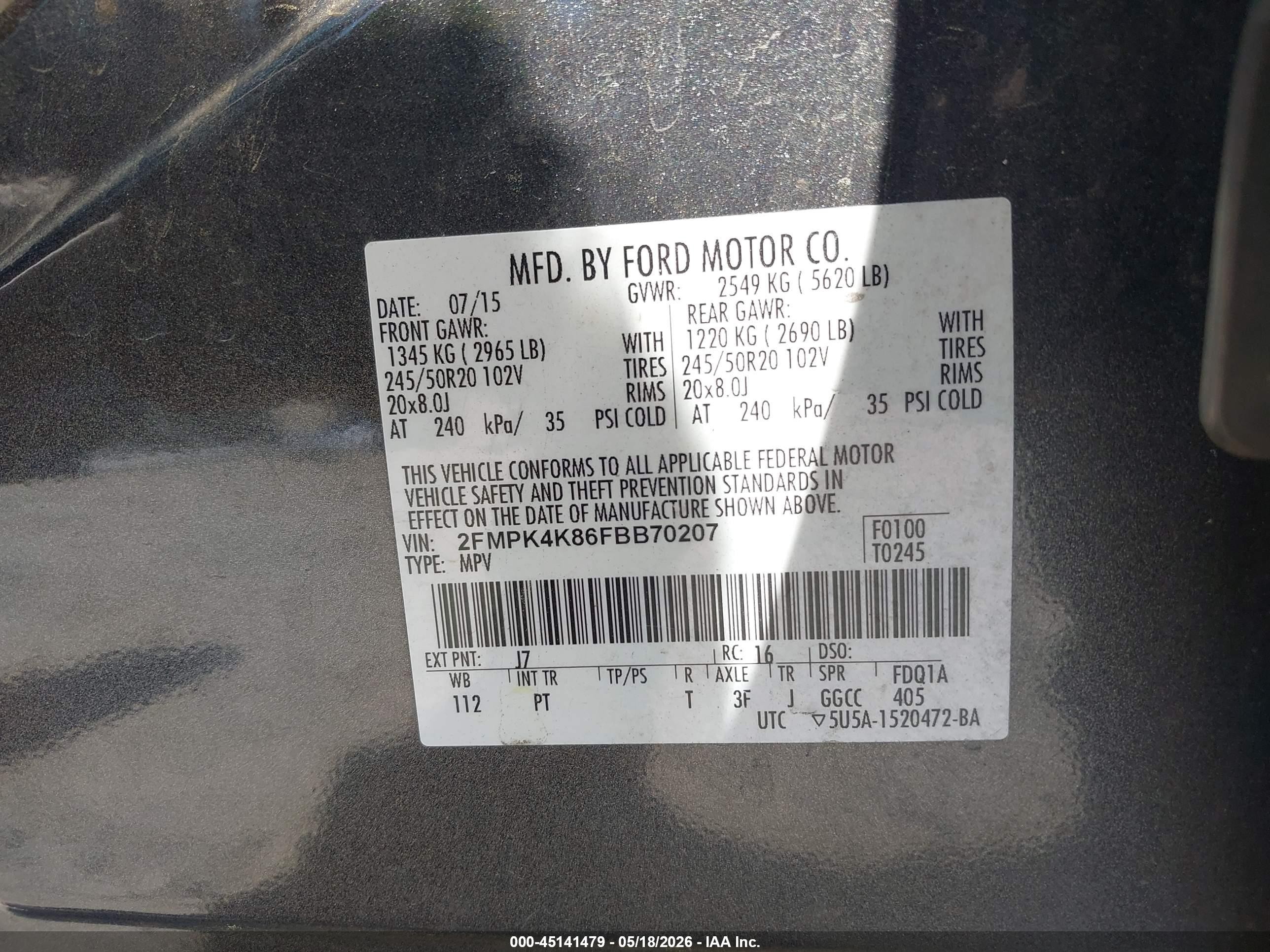 2015 Ford Edge Titanium Gray vin: 2FMPK4K86FBB70207