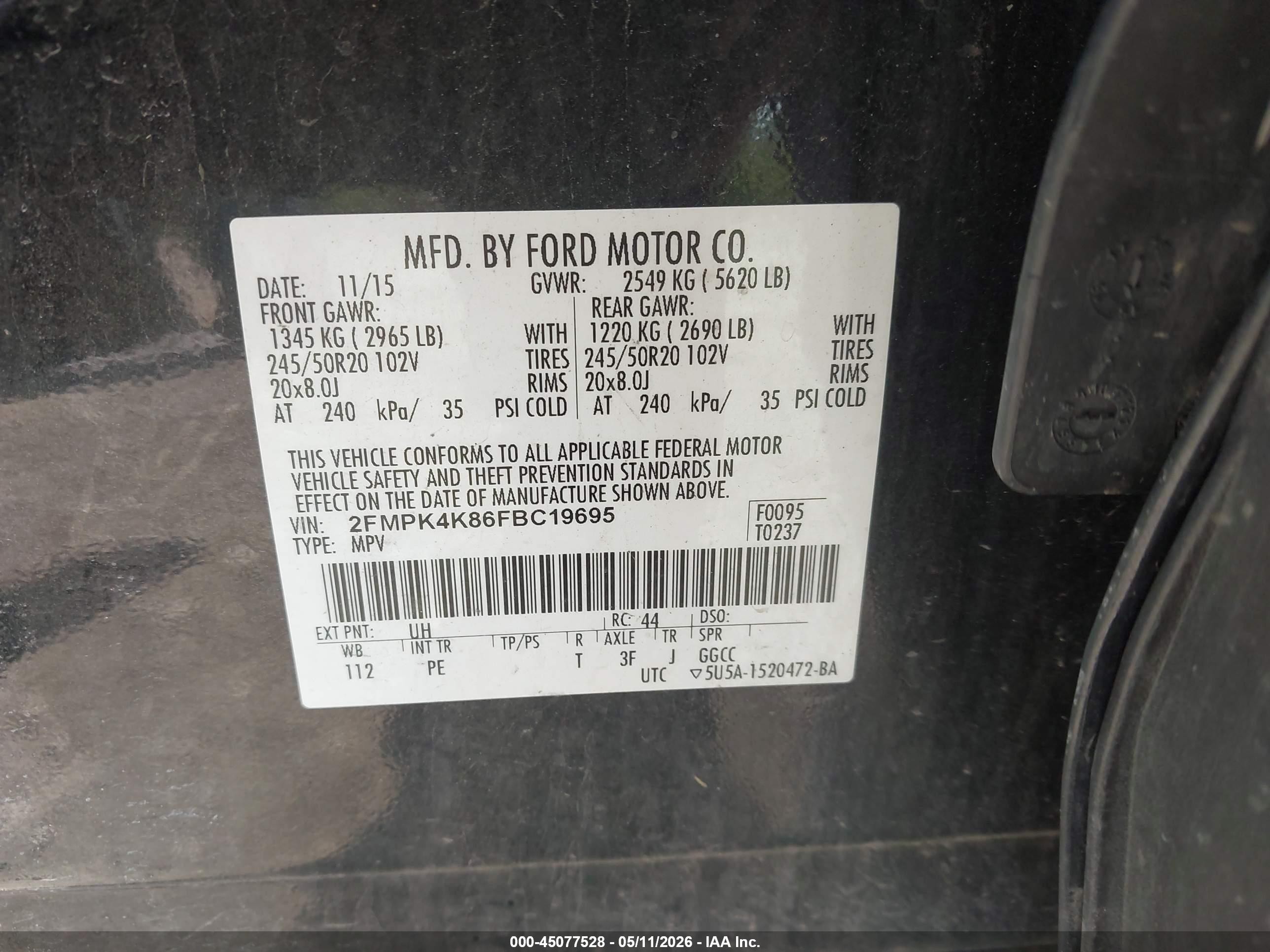 2015 Ford Edge Titanium Black vin: 2FMPK4K86FBC19695