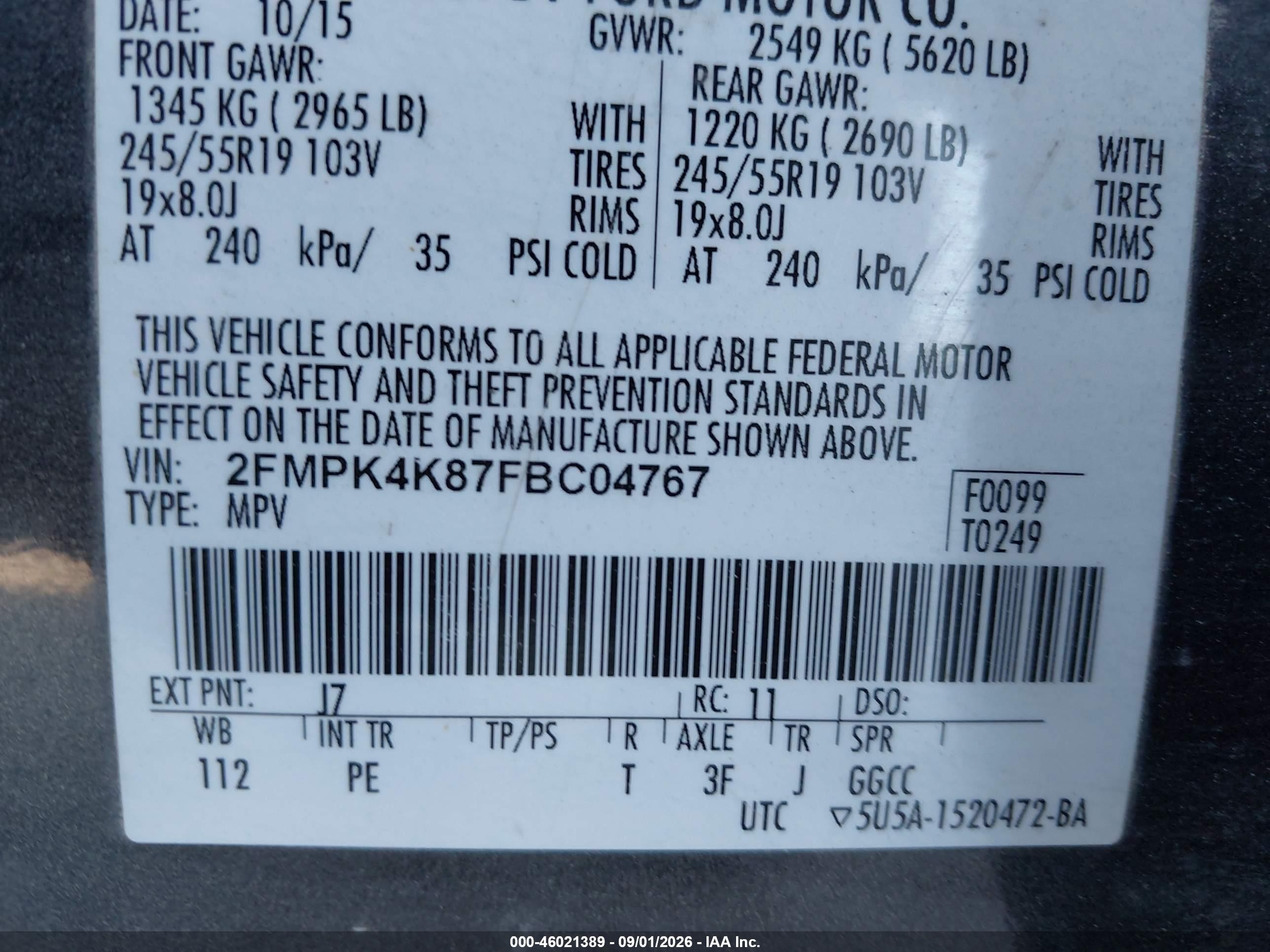 2015 Ford Edge Titanium Gray vin: 2FMPK4K87FBC04767