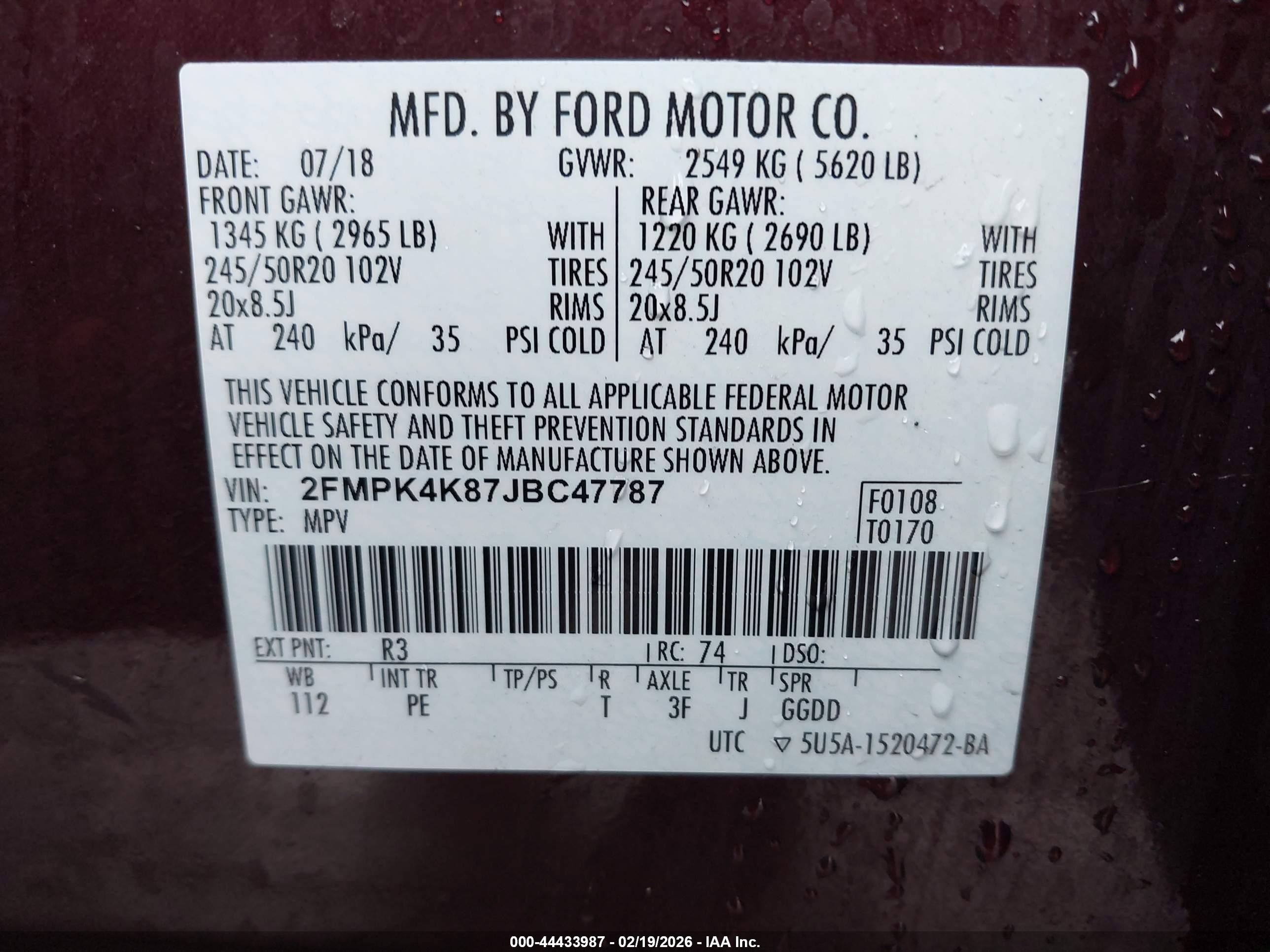 2018 Ford Edge Titanium Burgundy vin: 2FMPK4K87JBC47787
