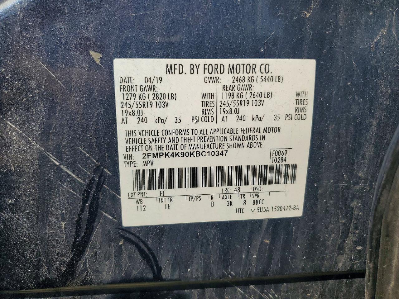 2019 Ford Edge Синий vin: 2FMPK4K90KBC10347