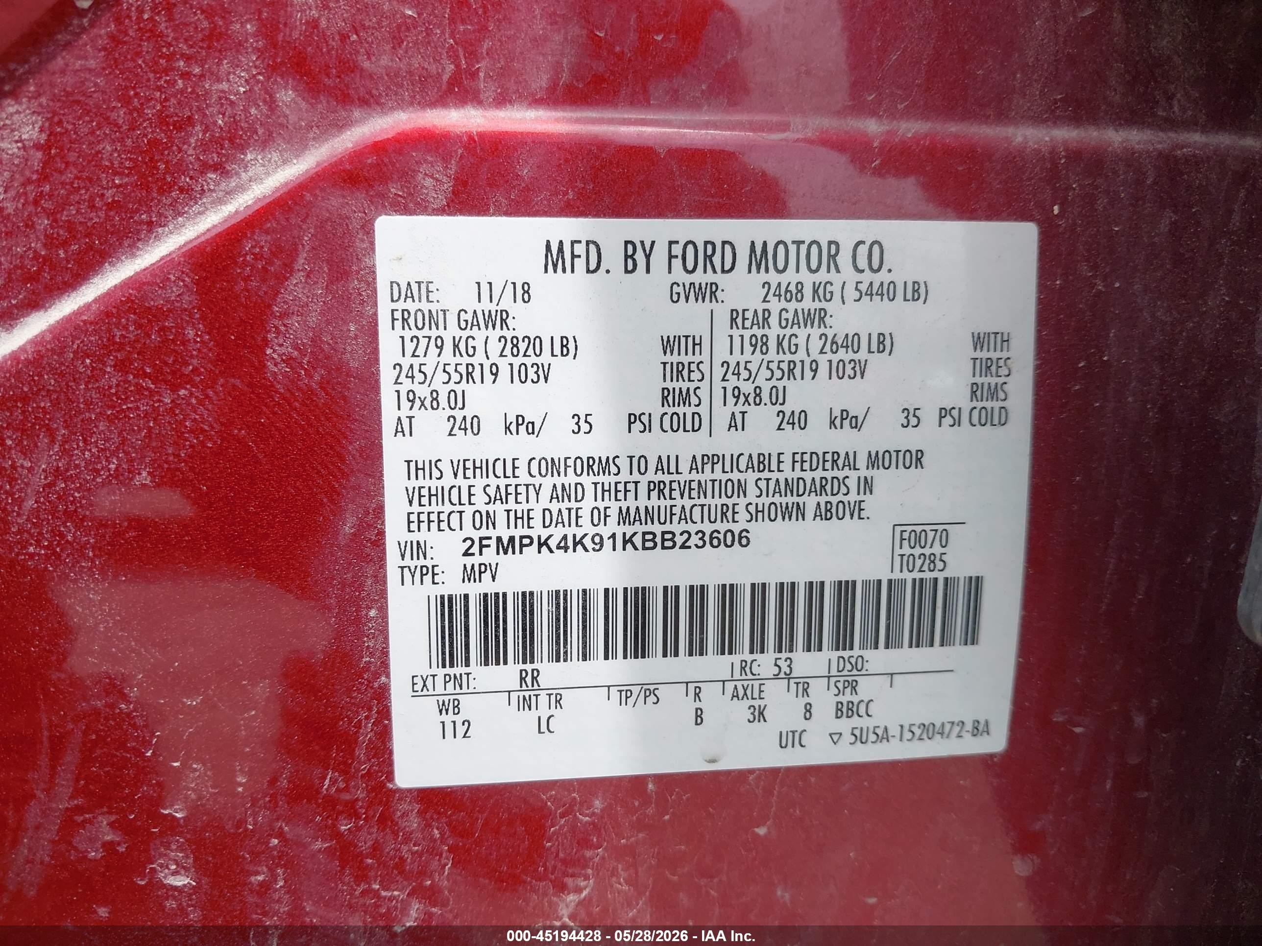 2019 Ford Edge Titanium Красный vin: 2FMPK4K91KBB23606