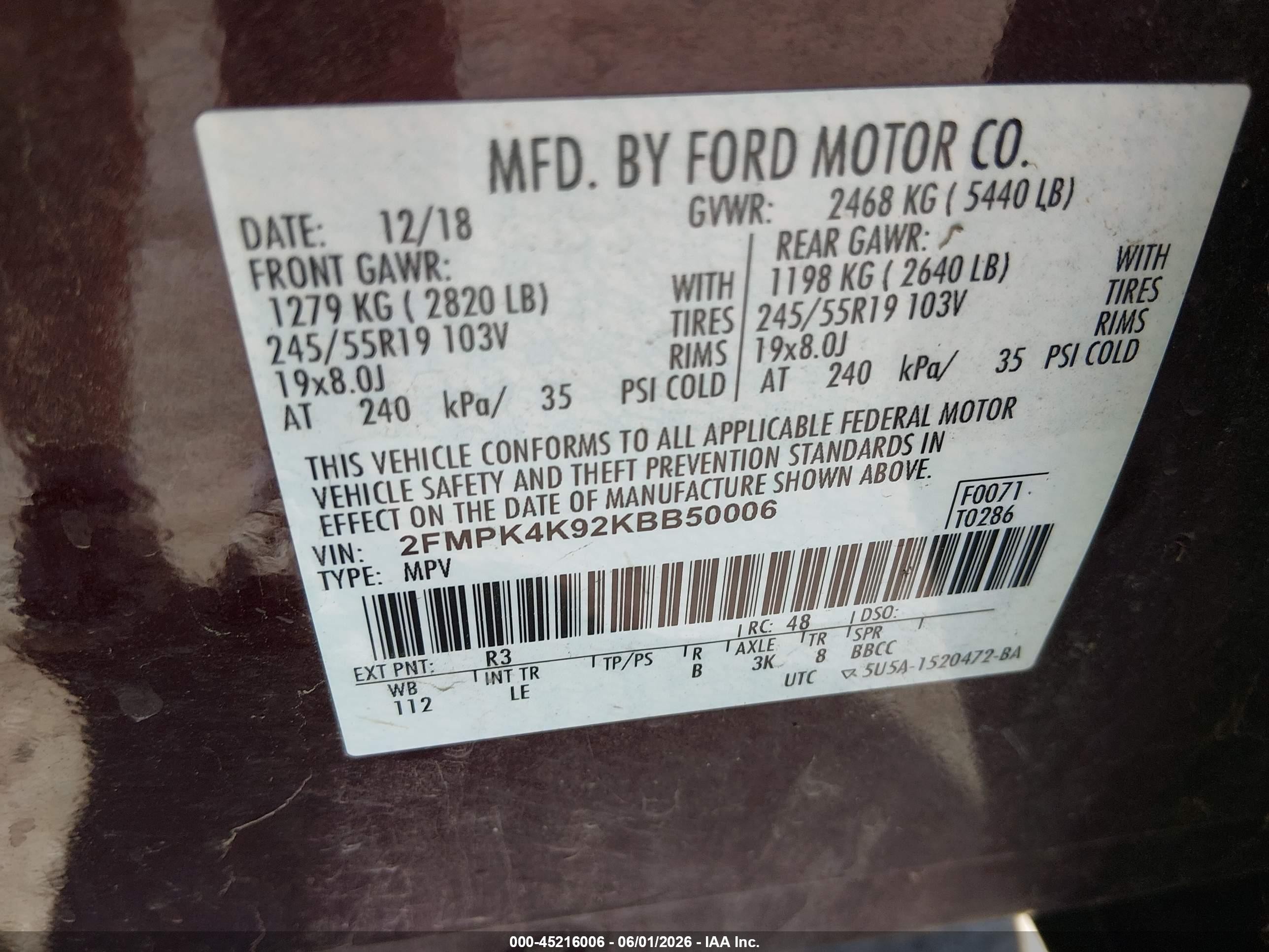 2019 Ford Edge Titanium Burgundy vin: 2FMPK4K92KBB50006