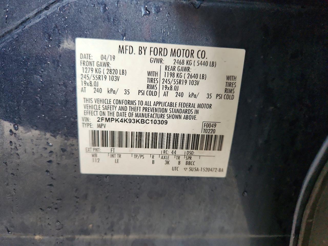 2019 Ford Edge Titanium Blue vin: 2FMPK4K93KBC10309