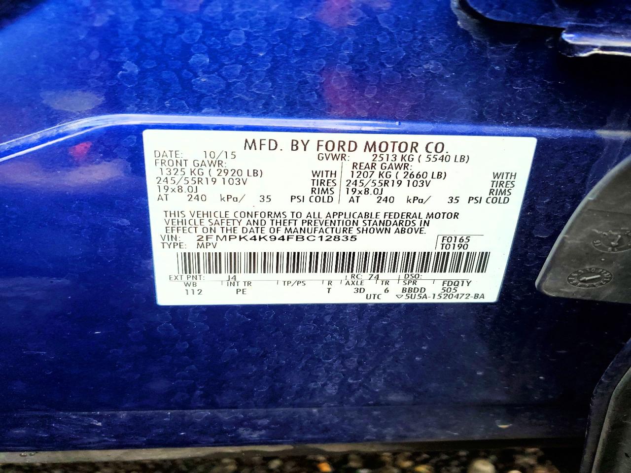 2015 Ford Edge Titanium Blue vin: 2FMPK4K94FBC12835