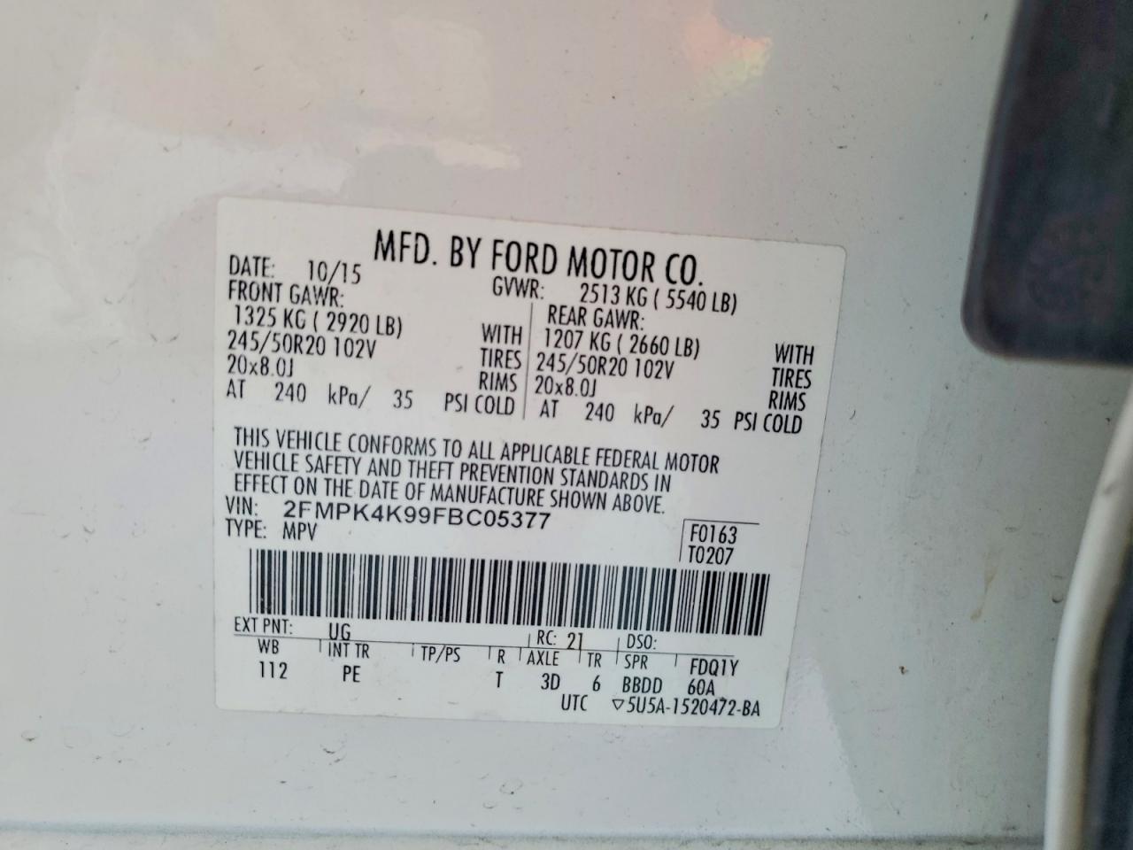 2015 Ford Edge Titanium Бежевый vin: 2FMPK4K99FBC05377