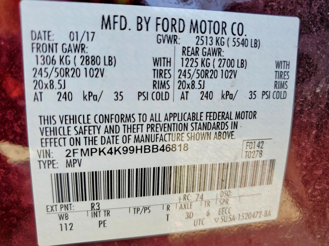 2017 Ford Edge Titanium Темно-бордовый vin: 2FMPK4K99HBB46818