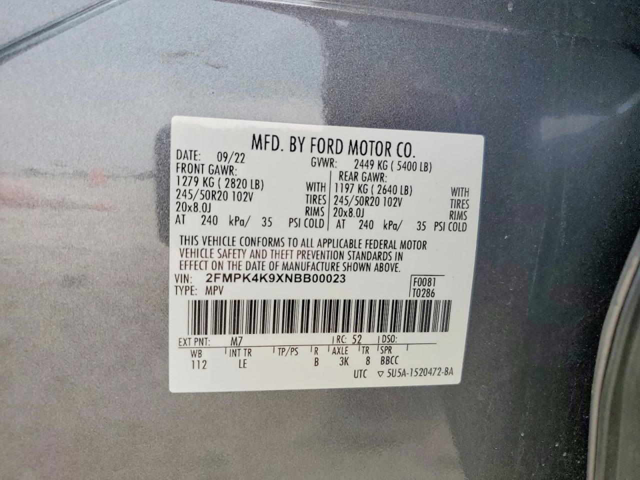 2022 Ford Edge Titanium Gray vin: 2FMPK4K9XNBB00023