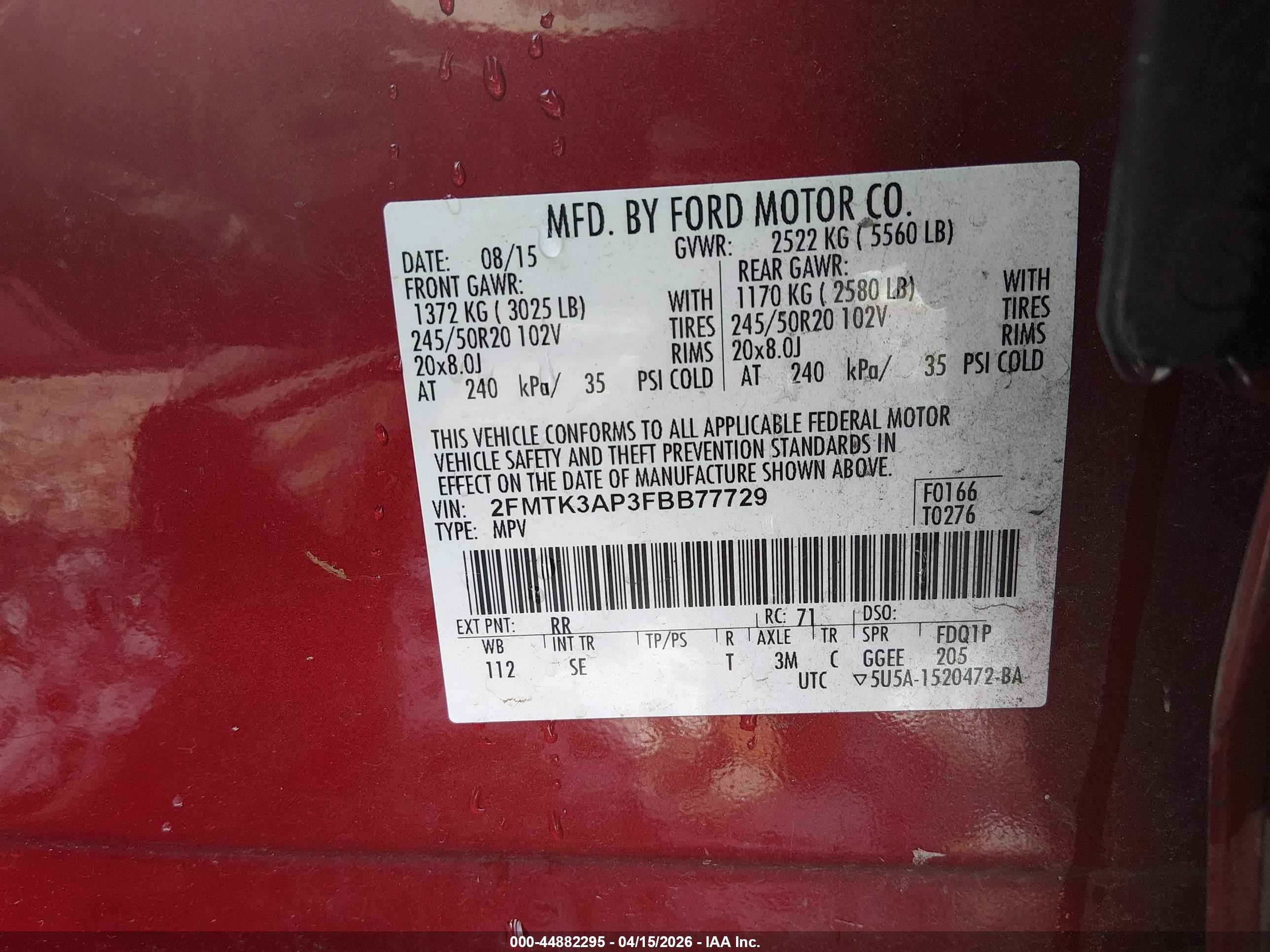 2015 Ford Edge Sport Red vin: 2FMTK3AP3FBB77729