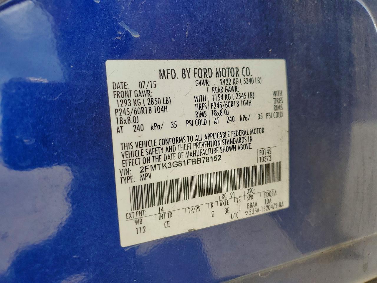 2015 Ford Edge Se Blue vin: 2FMTK3G81FBB78152