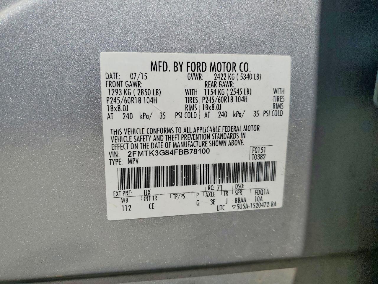 2015 Ford Edge Se Silver vin: 2FMTK3G84FBB78100