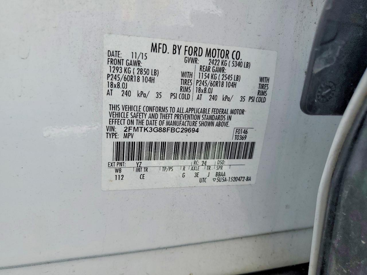 2015 Ford Edge Se White vin: 2FMTK3G88FBC29694