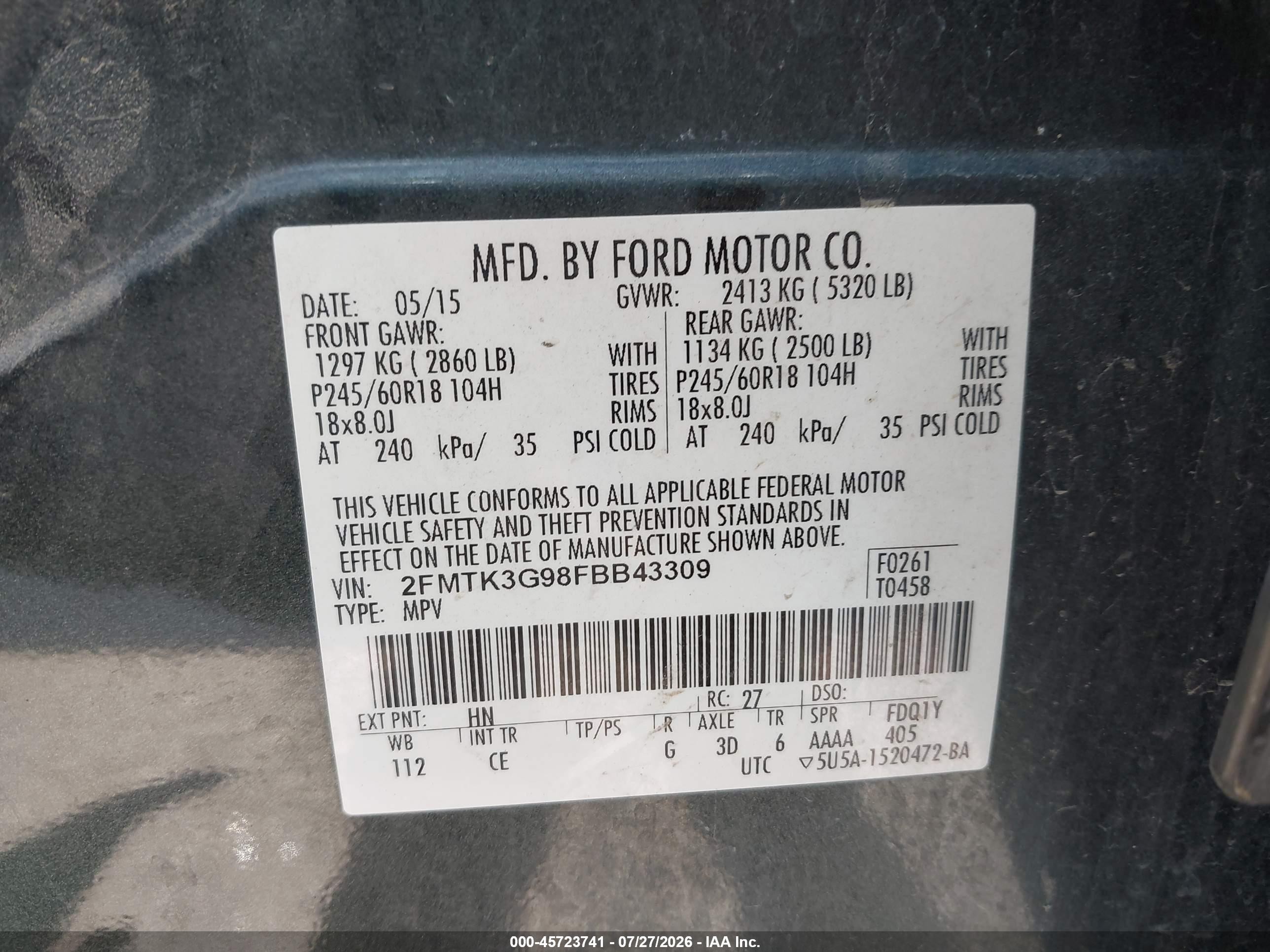 2015 Ford Edge Se Green vin: 2FMTK3G98FBB43309