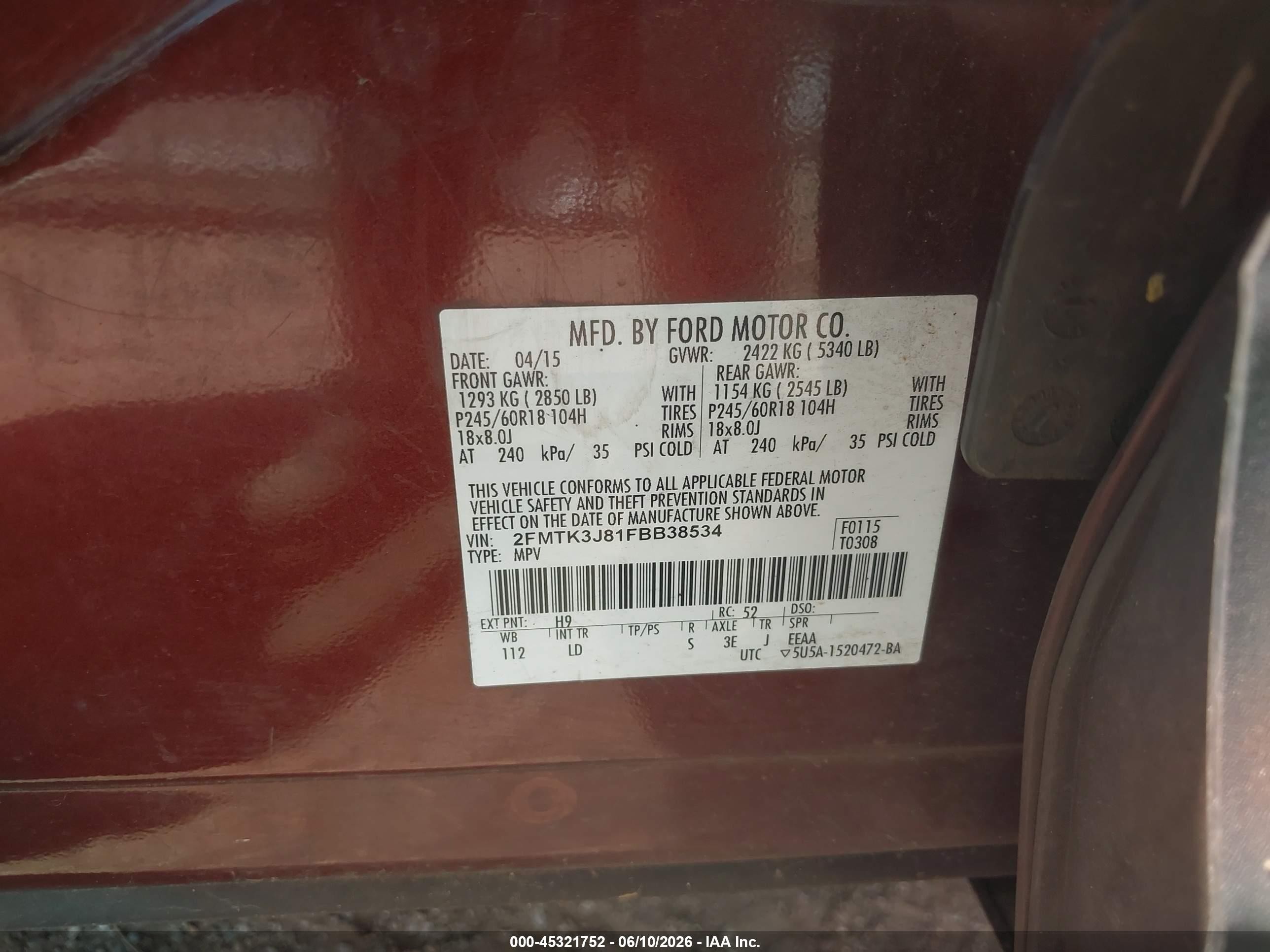 2015 Ford Edge Sel Maroon vin: 2FMTK3J81FBB38534