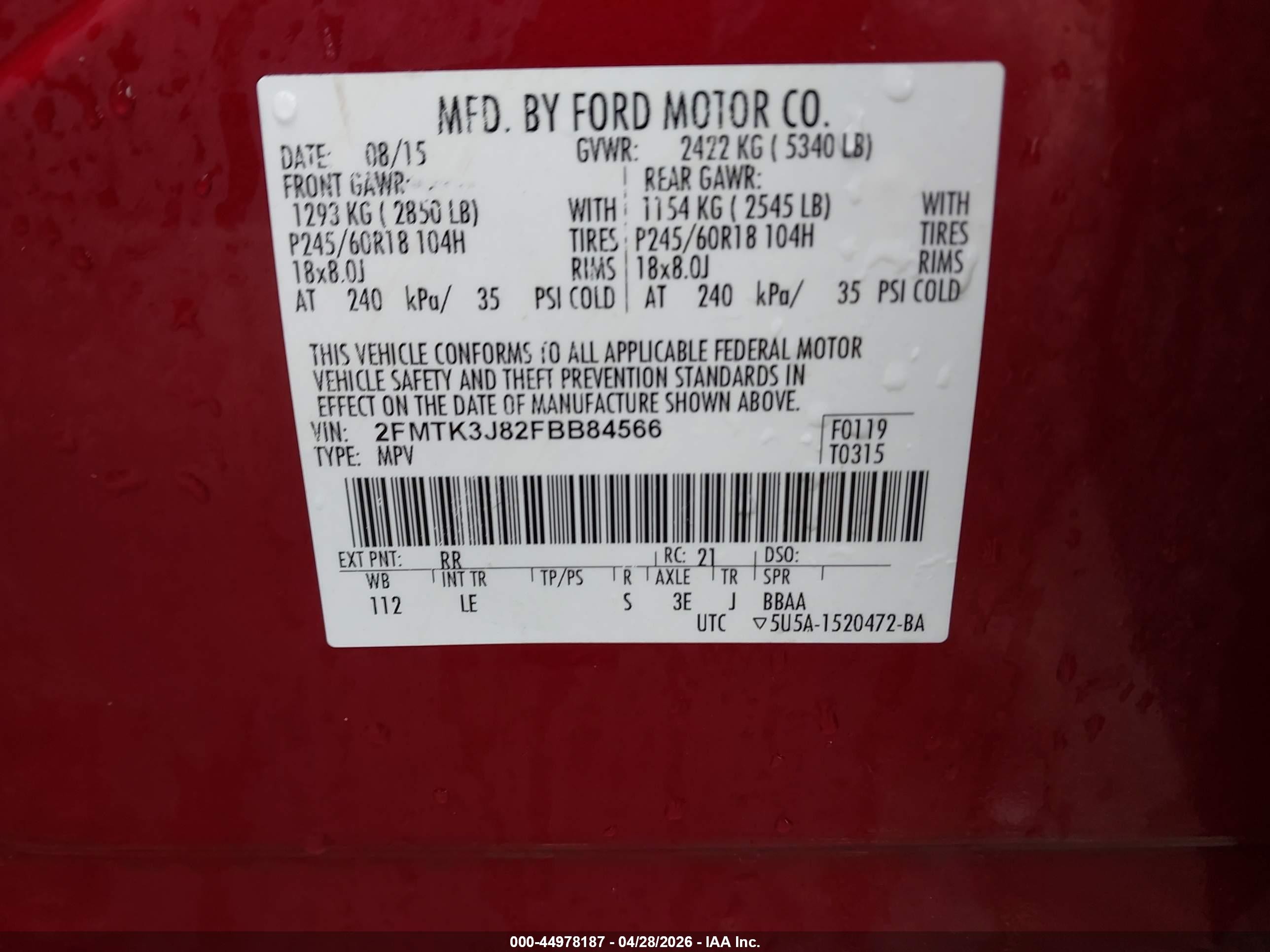 2015 Ford Edge Sel Red vin: 2FMTK3J82FBB84566