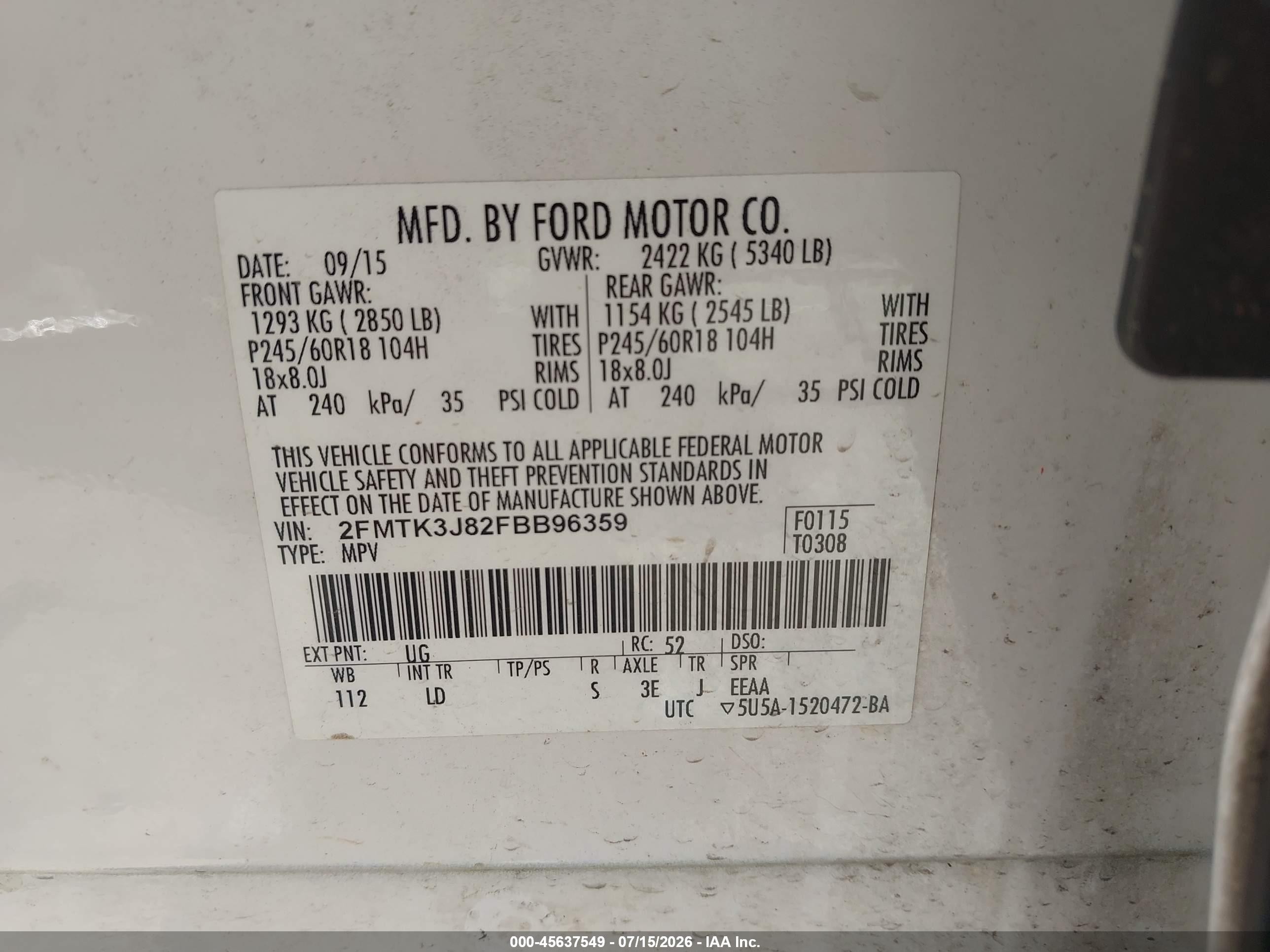 2015 Ford Edge Sel Белый vin: 2FMTK3J82FBB96359