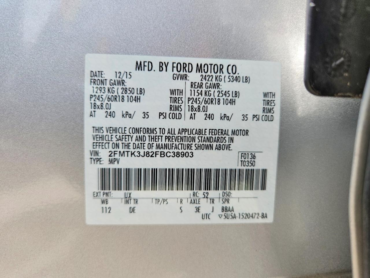 2015 Ford Edge Sel Silver vin: 2FMTK3J82FBC38903