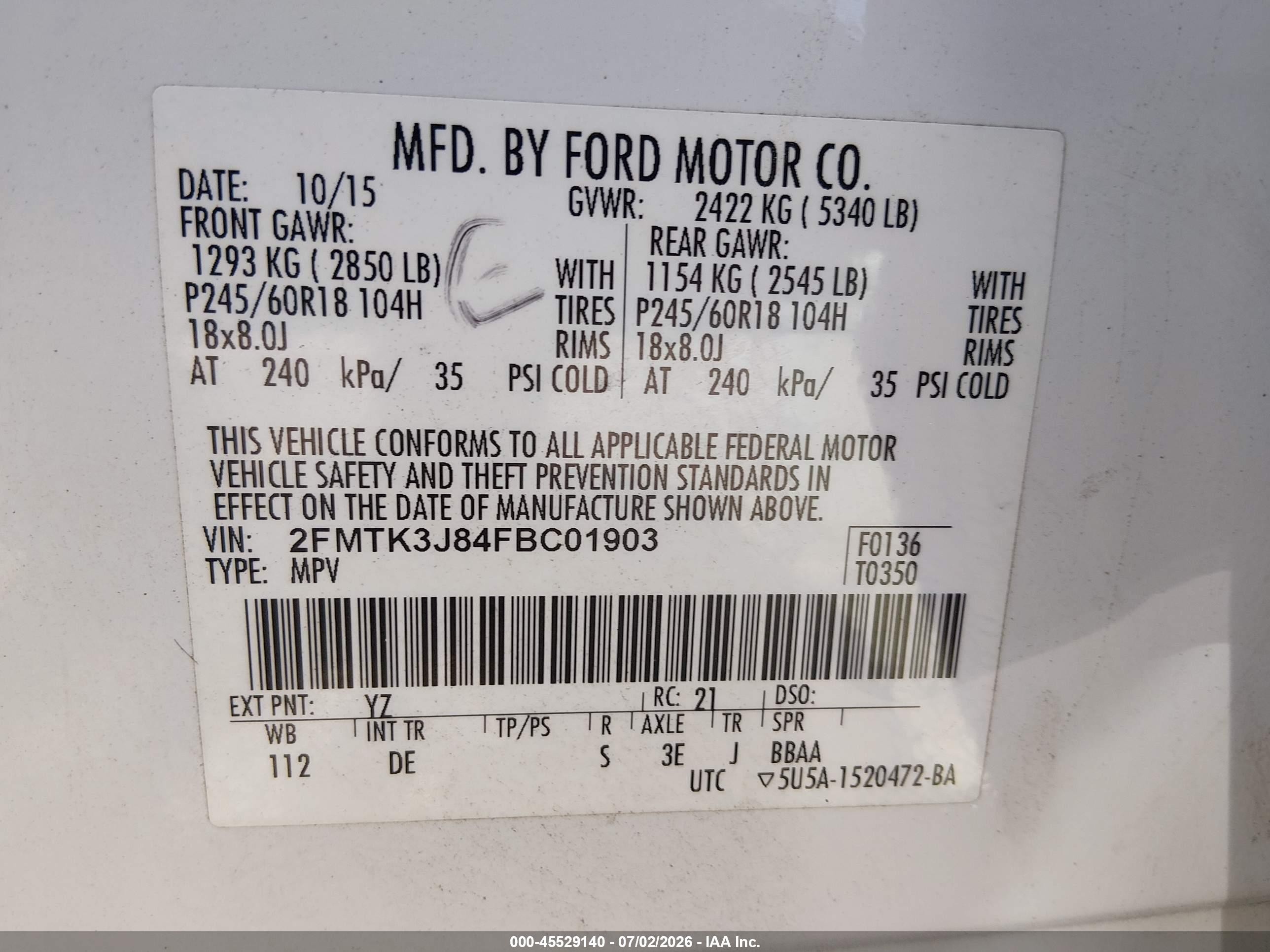 2015 Ford Edge Sel White vin: 2FMTK3J84FBC01903