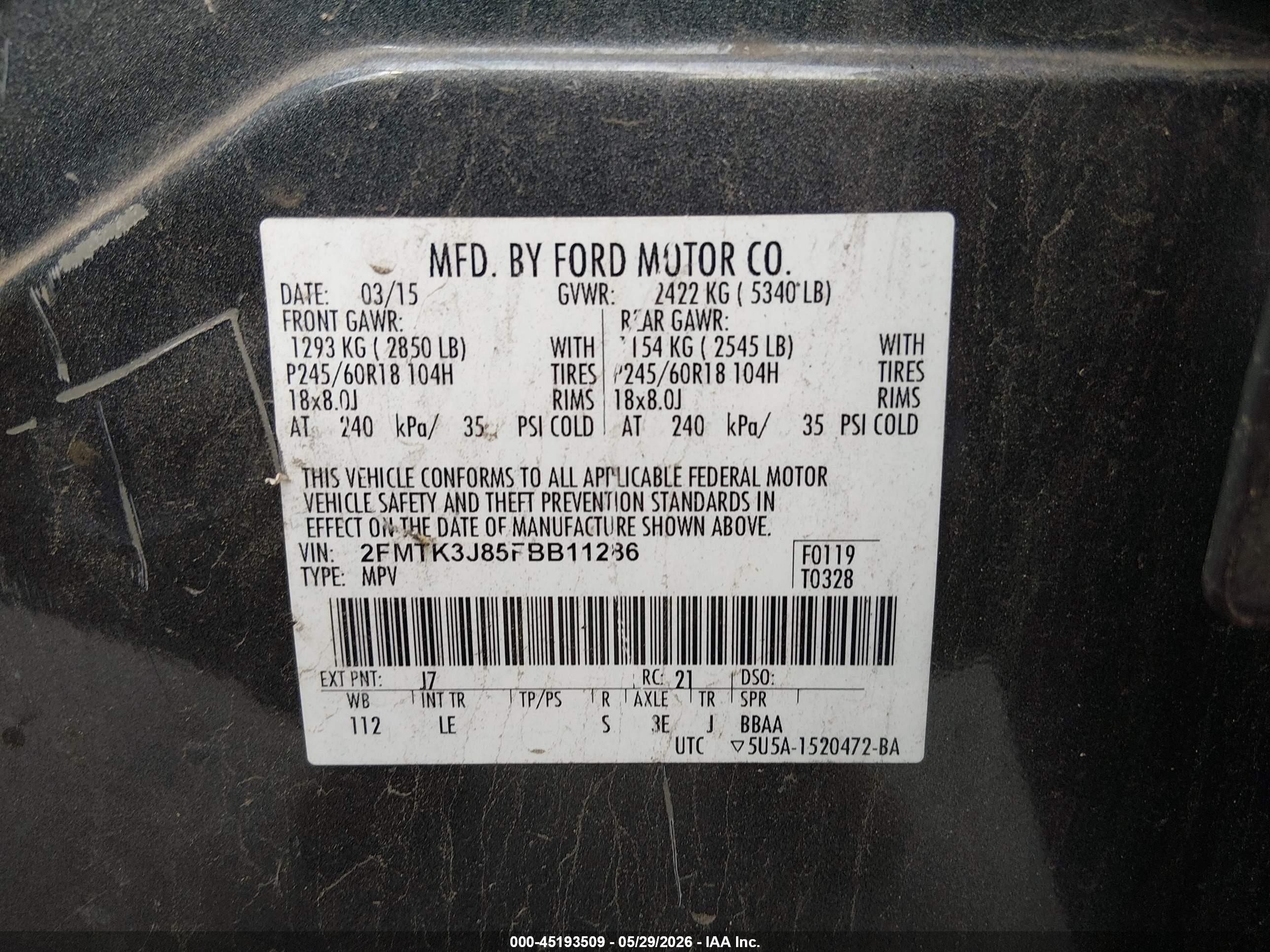 2015 Ford Edge Sel Gray vin: 2FMTK3J85FBB11286
