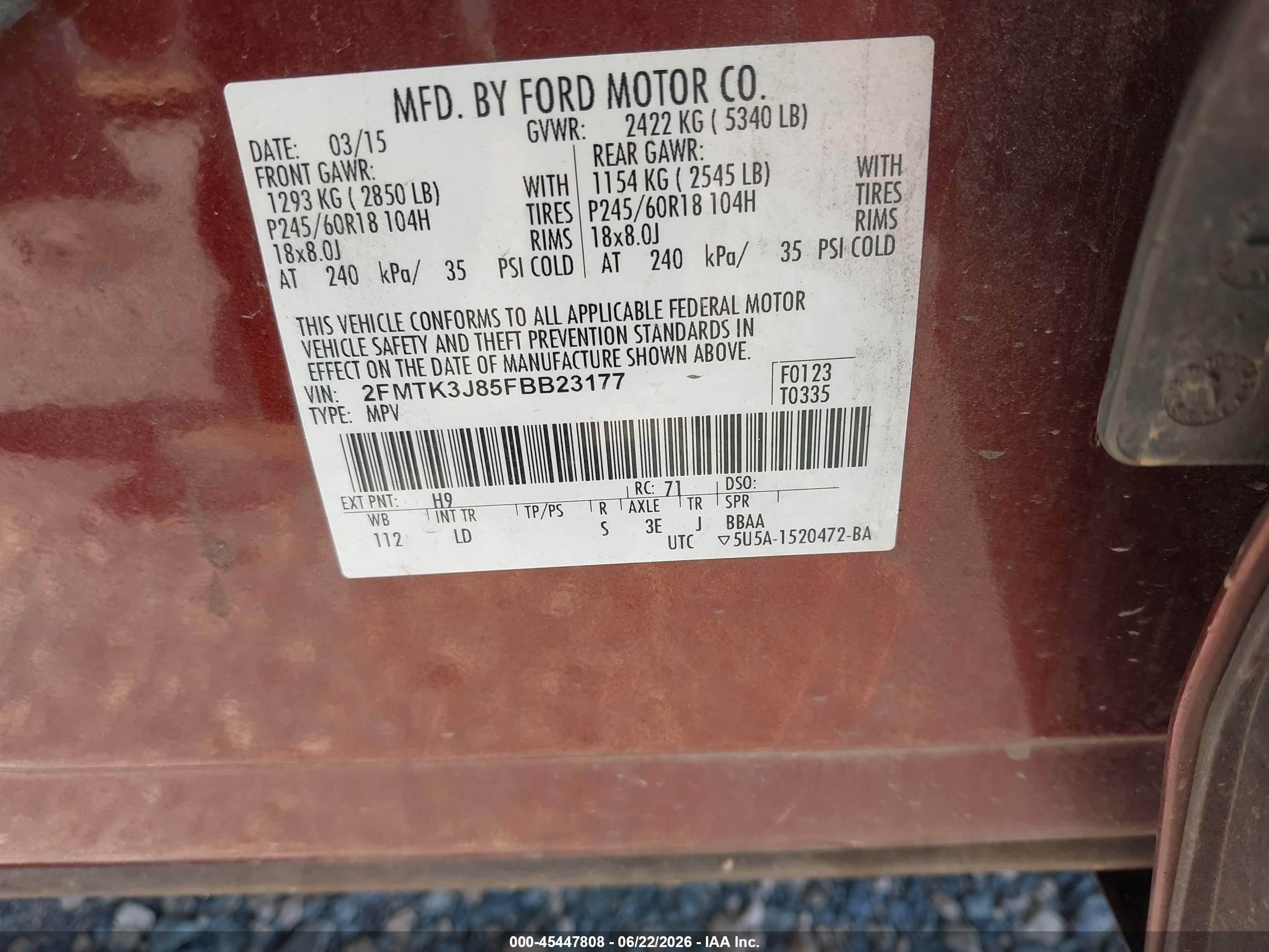 2015 Ford Edge Sel Burgundy vin: 2FMTK3J85FBB23177