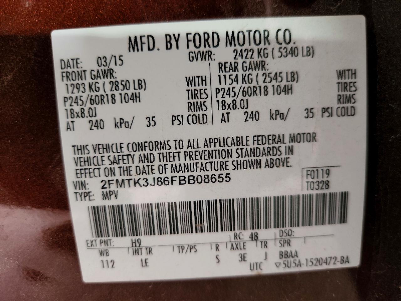 2015 Ford Edge Sel Maroon vin: 2FMTK3J86FBB08655