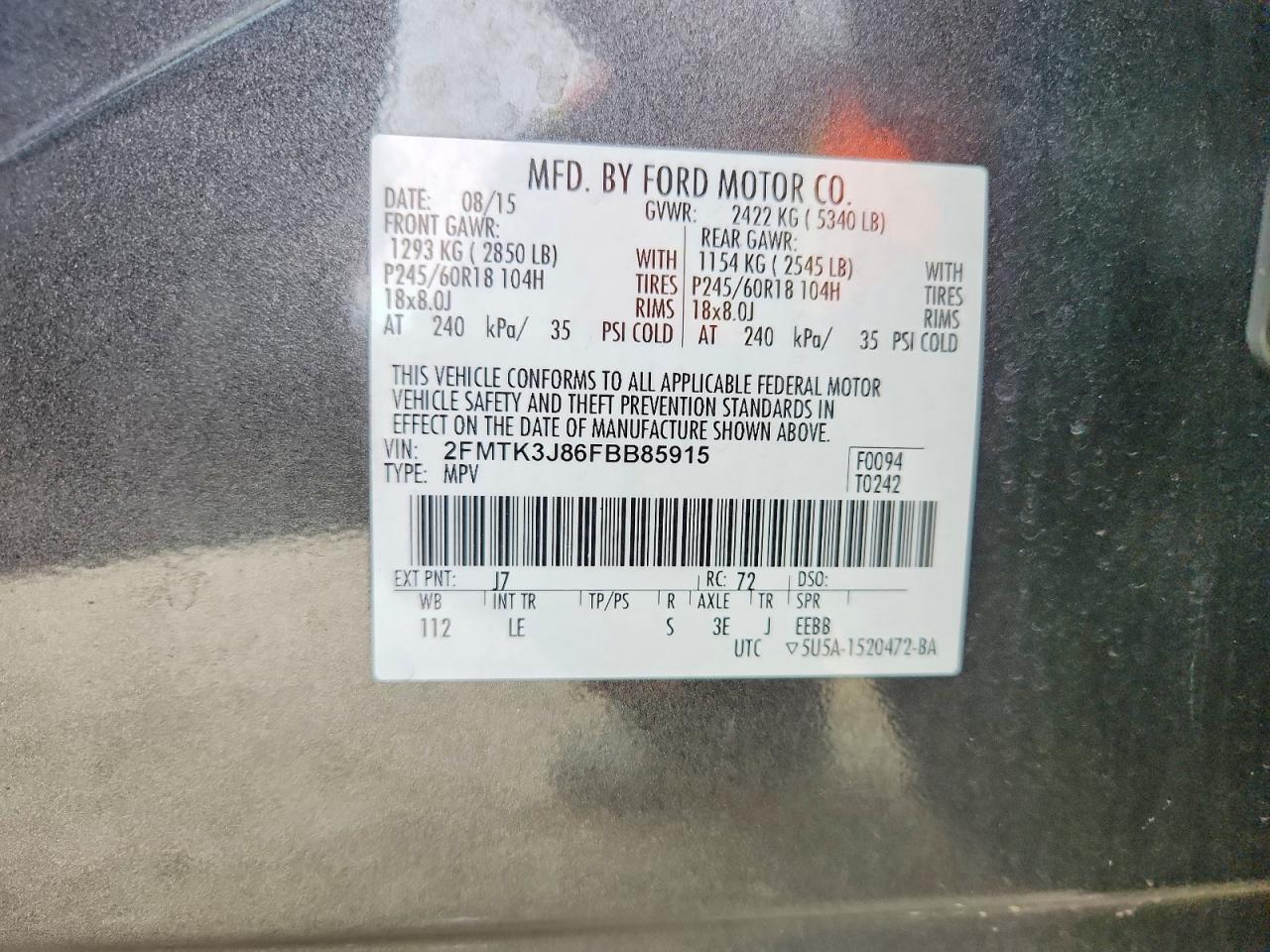 2015 Ford Edge Sel Gray vin: 2FMTK3J86FBB85915