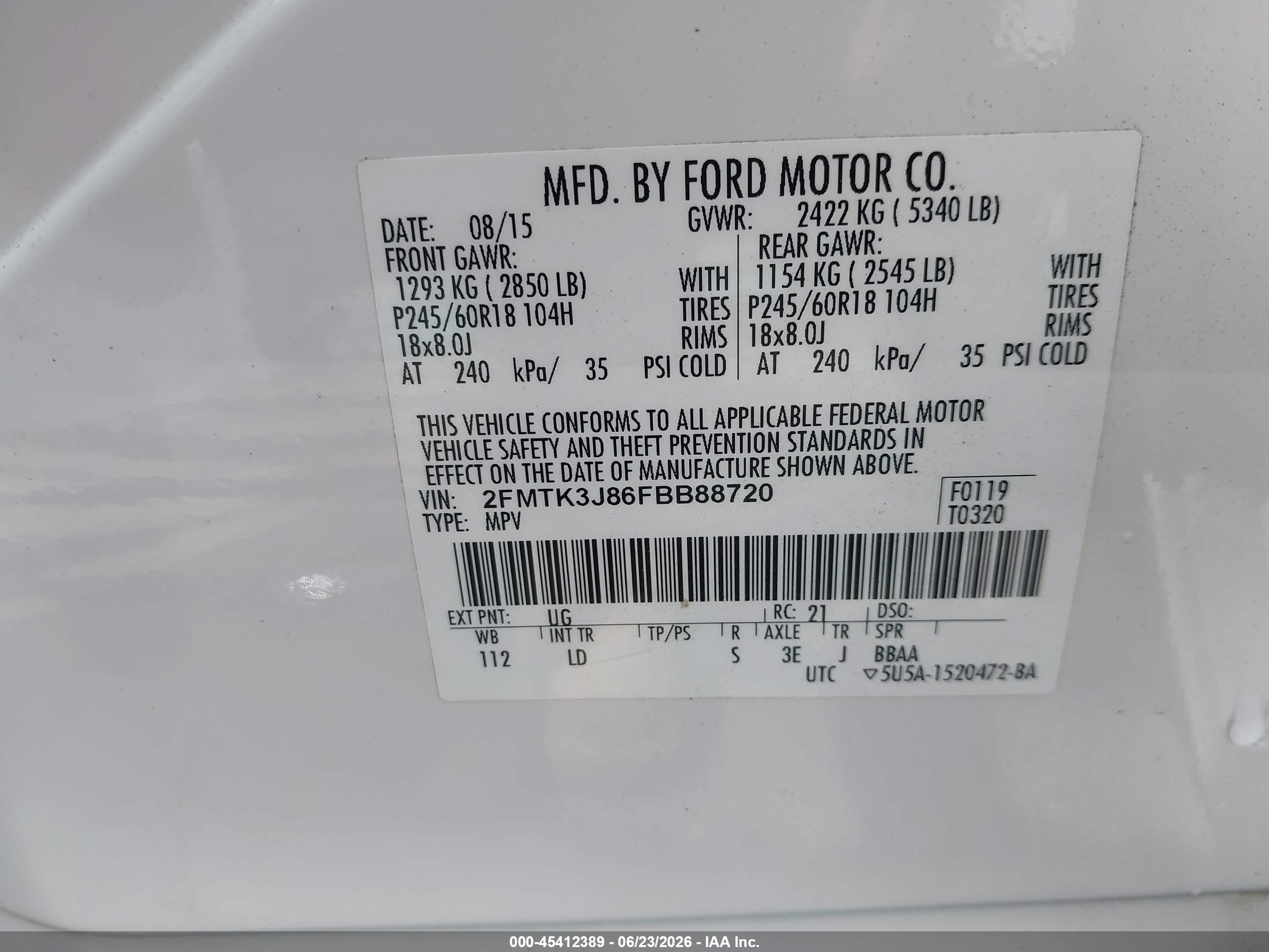 2015 Ford Edge Sel White vin: 2FMTK3J86FBB88720