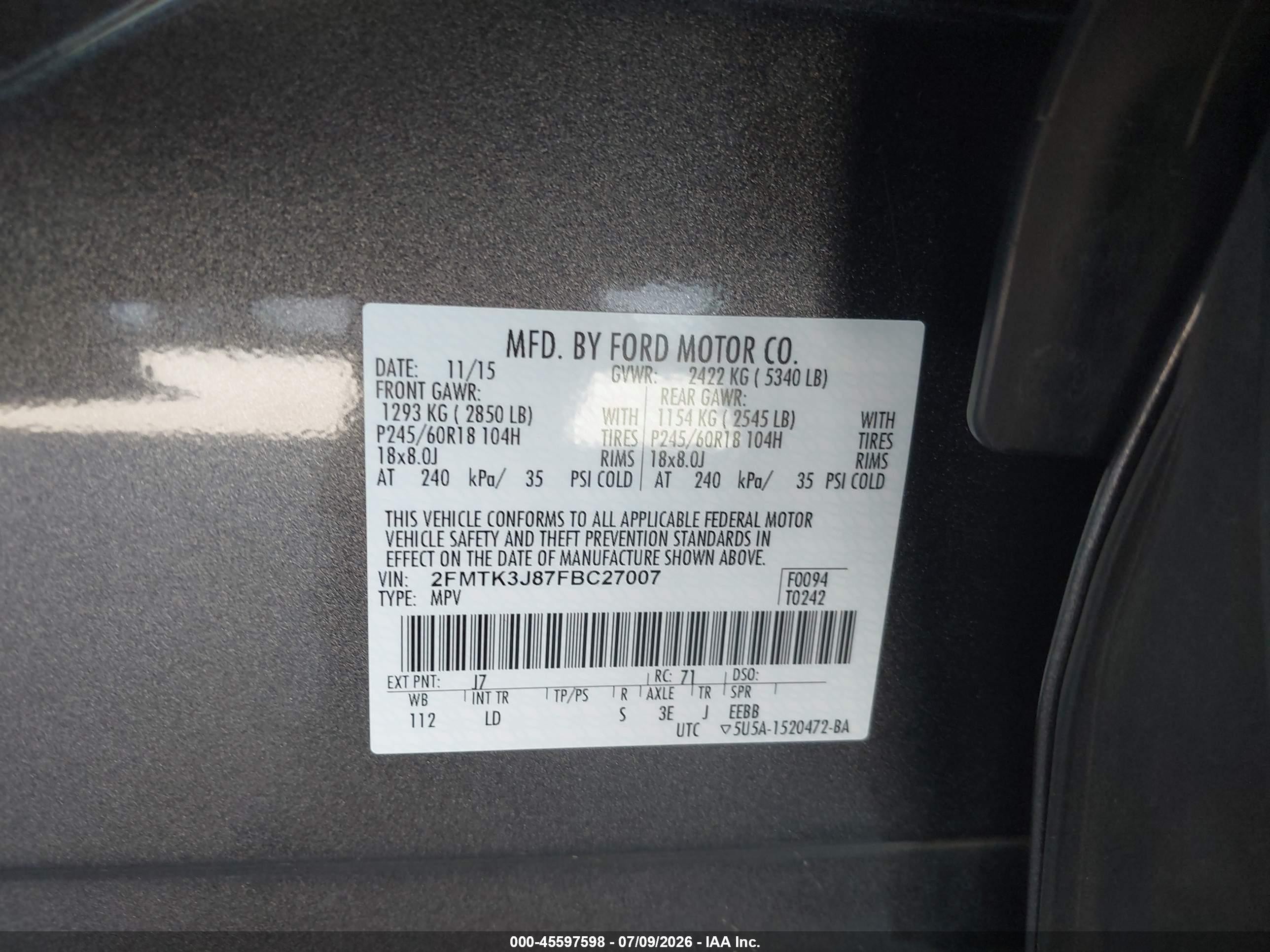 2015 Ford Edge Sel Gray vin: 2FMTK3J87FBC27007