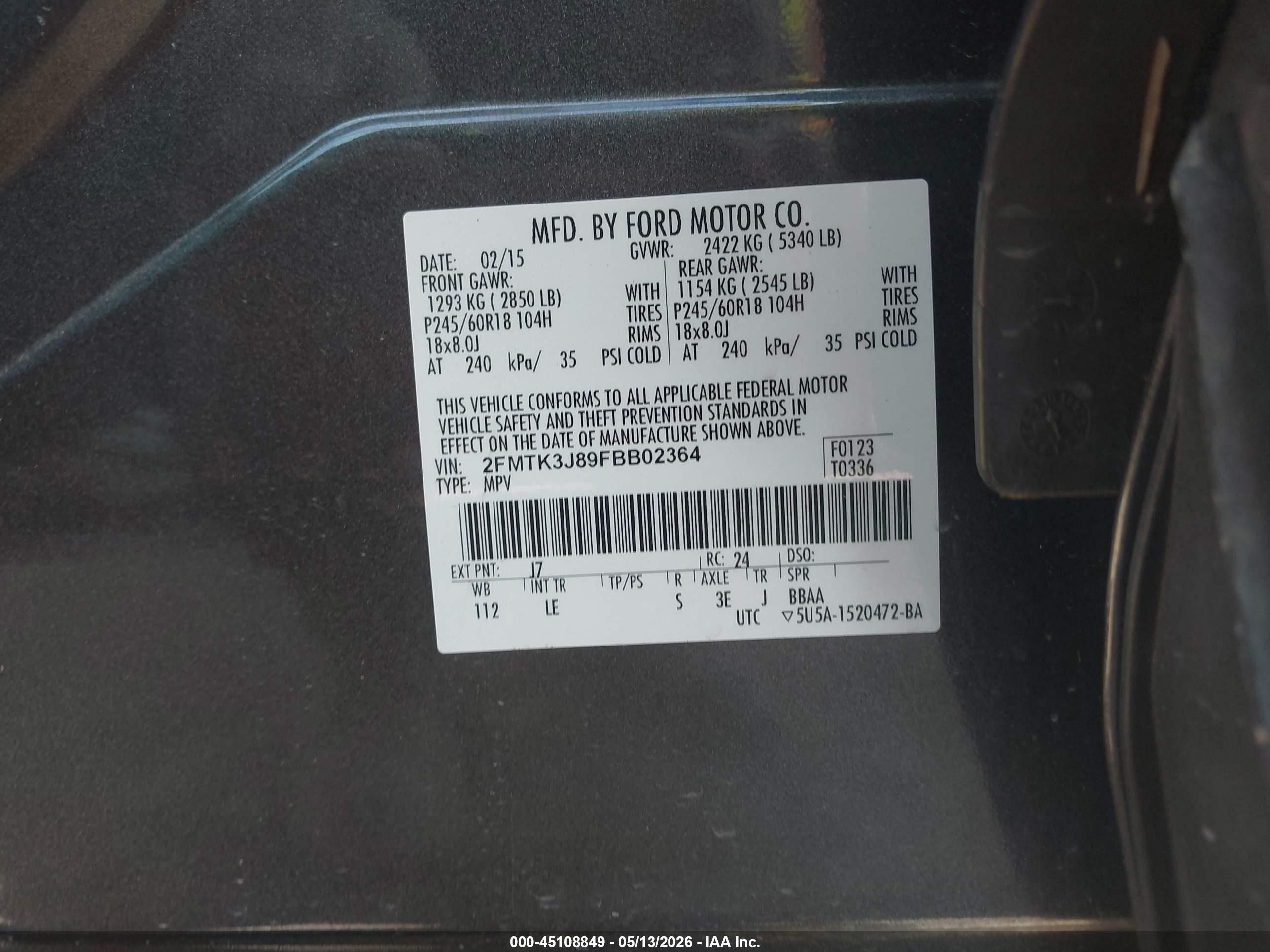 2015 Ford Edge Sel Серый vin: 2FMTK3J89FBB02364