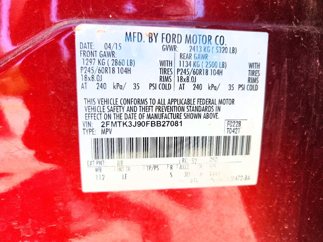 2015 Ford Edge Sel Red vin: 2FMTK3J90FBB27081