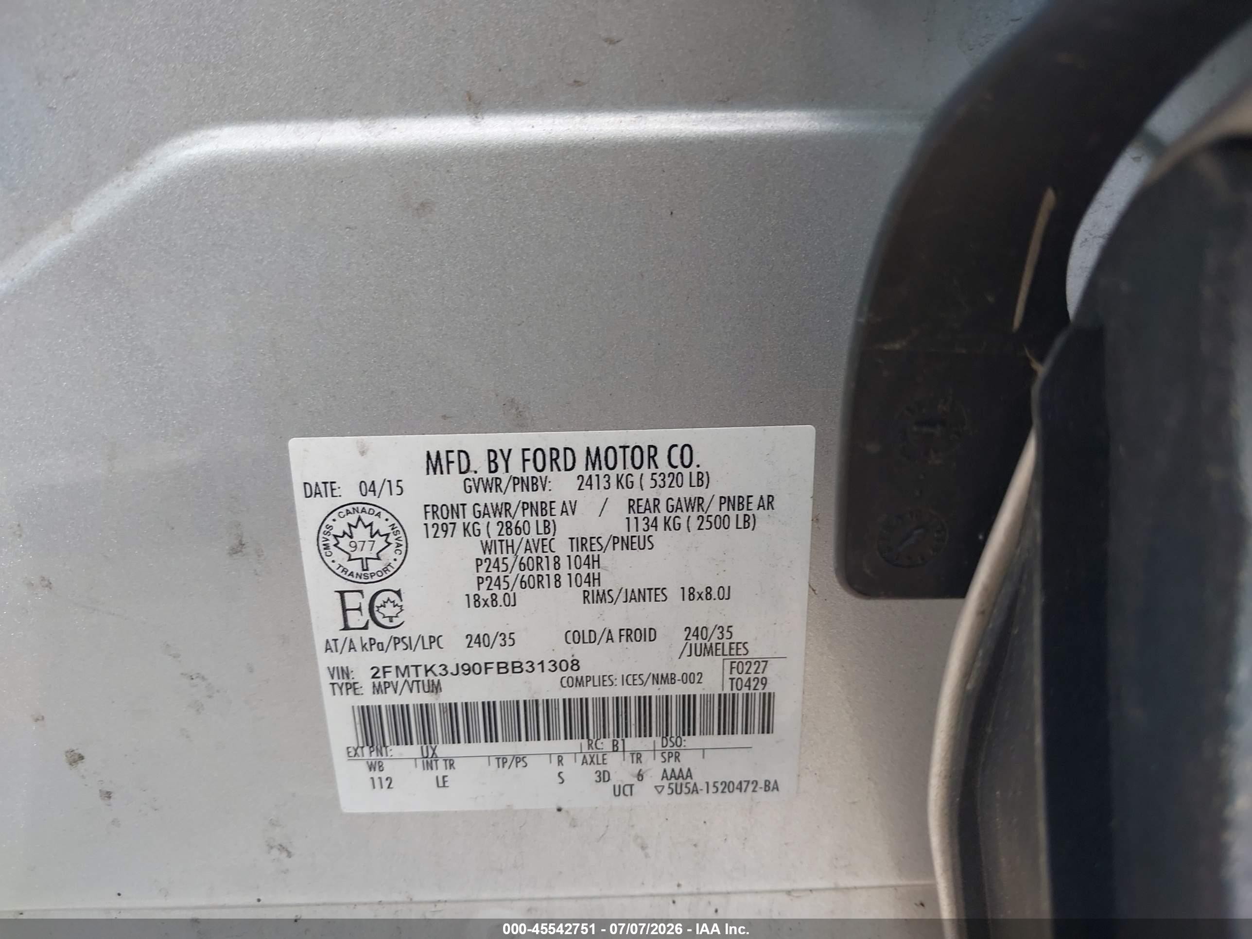 2015 Ford Edge Sel Silver vin: 2FMTK3J90FBB31308