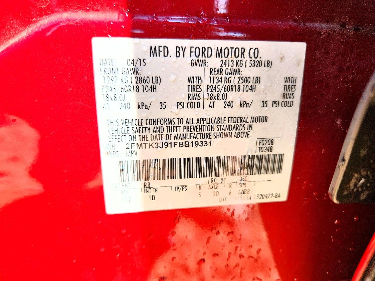 2015 Ford Edge Sel Red vin: 2FMTK3J91FBB19331