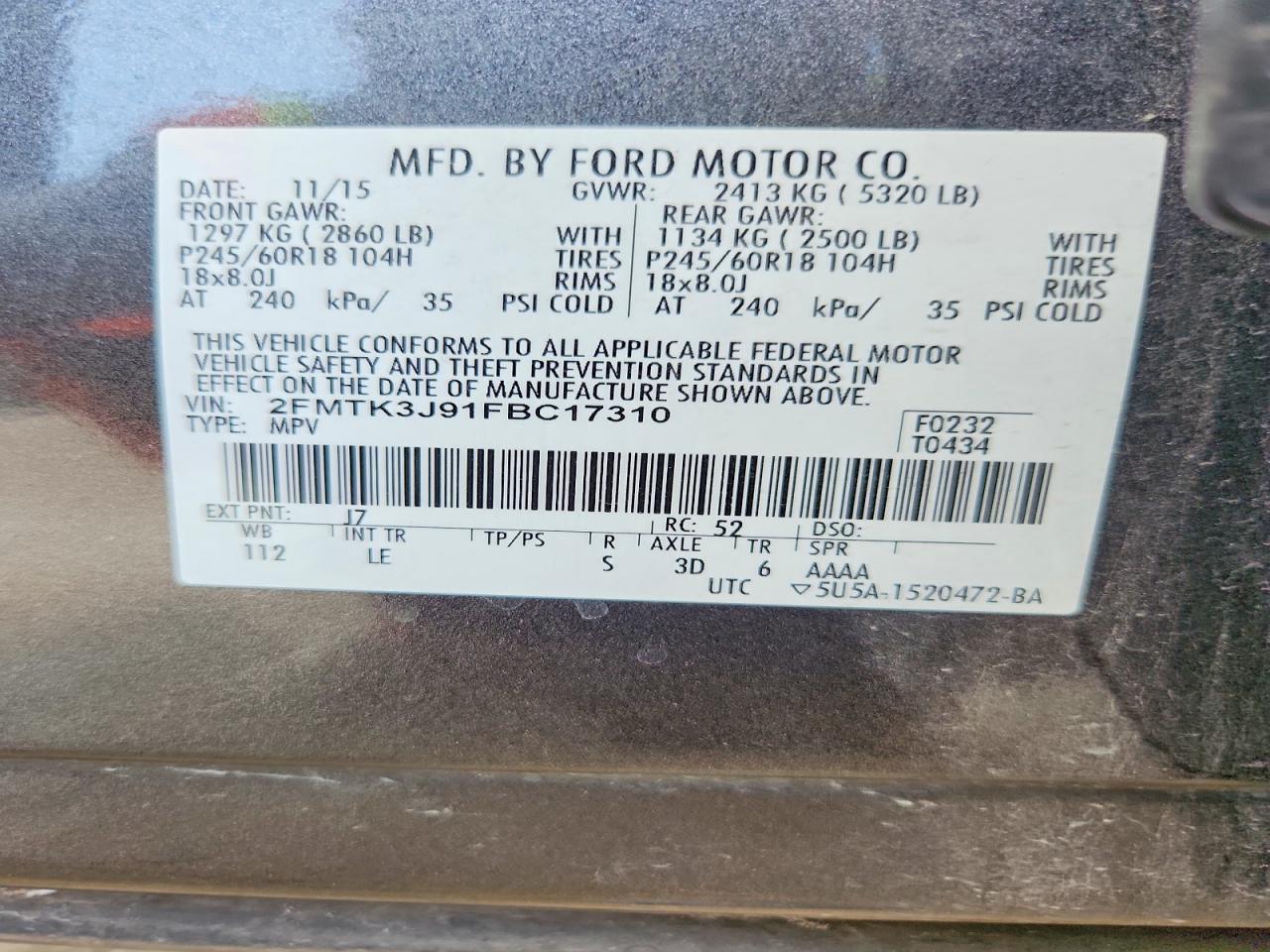 2015 Ford Edge Sel Gray vin: 2FMTK3J91FBC17310