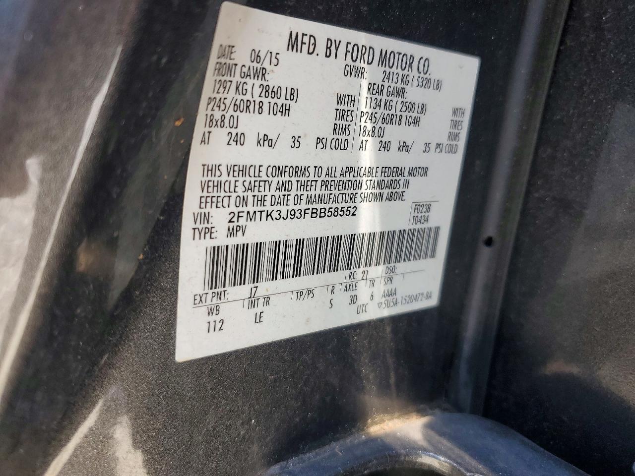 2015 Ford Edge Sel Charcoal vin: 2FMTK3J93FBB58552