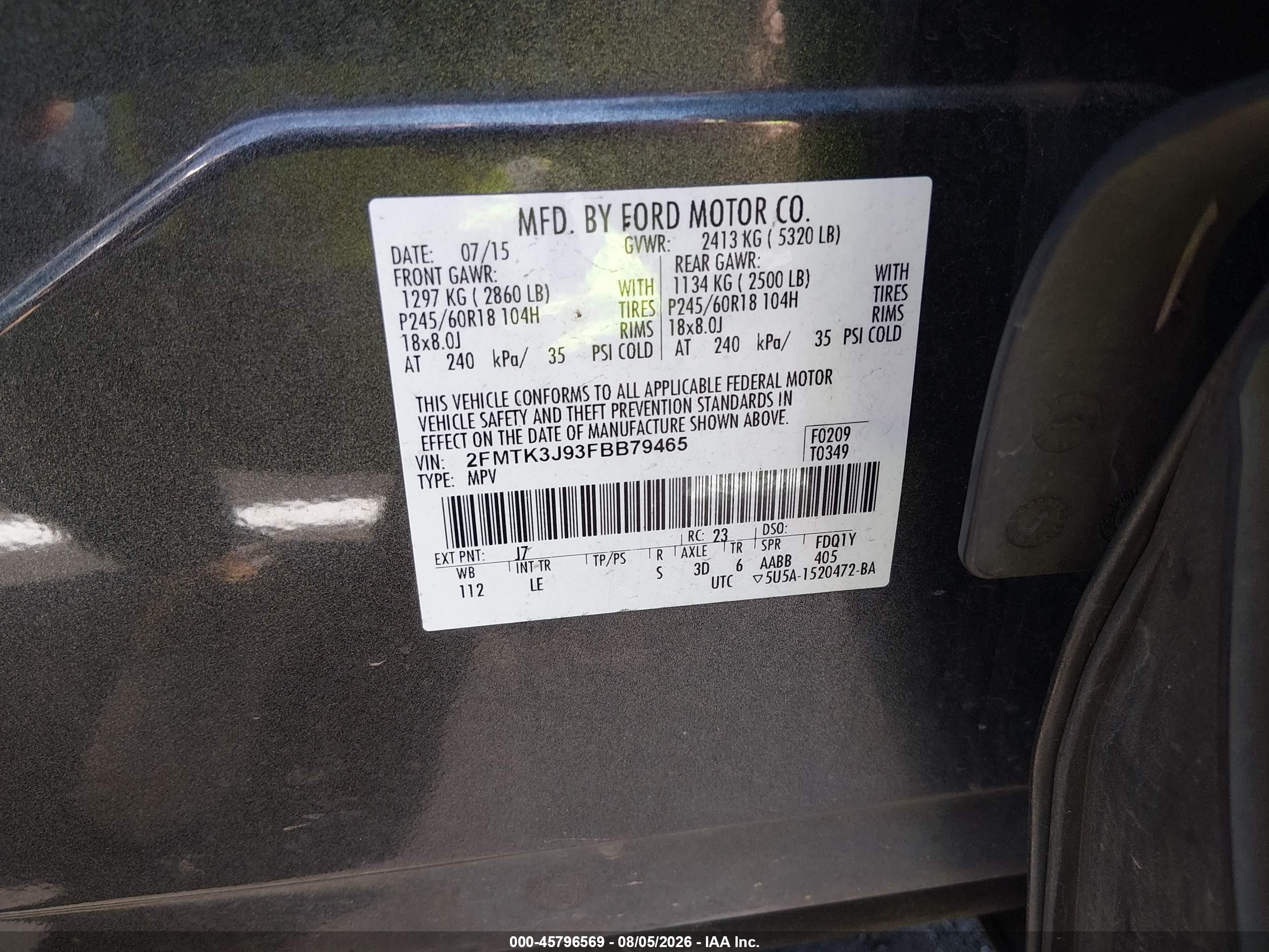 2015 Ford Edge Sel Gray vin: 2FMTK3J93FBB79465