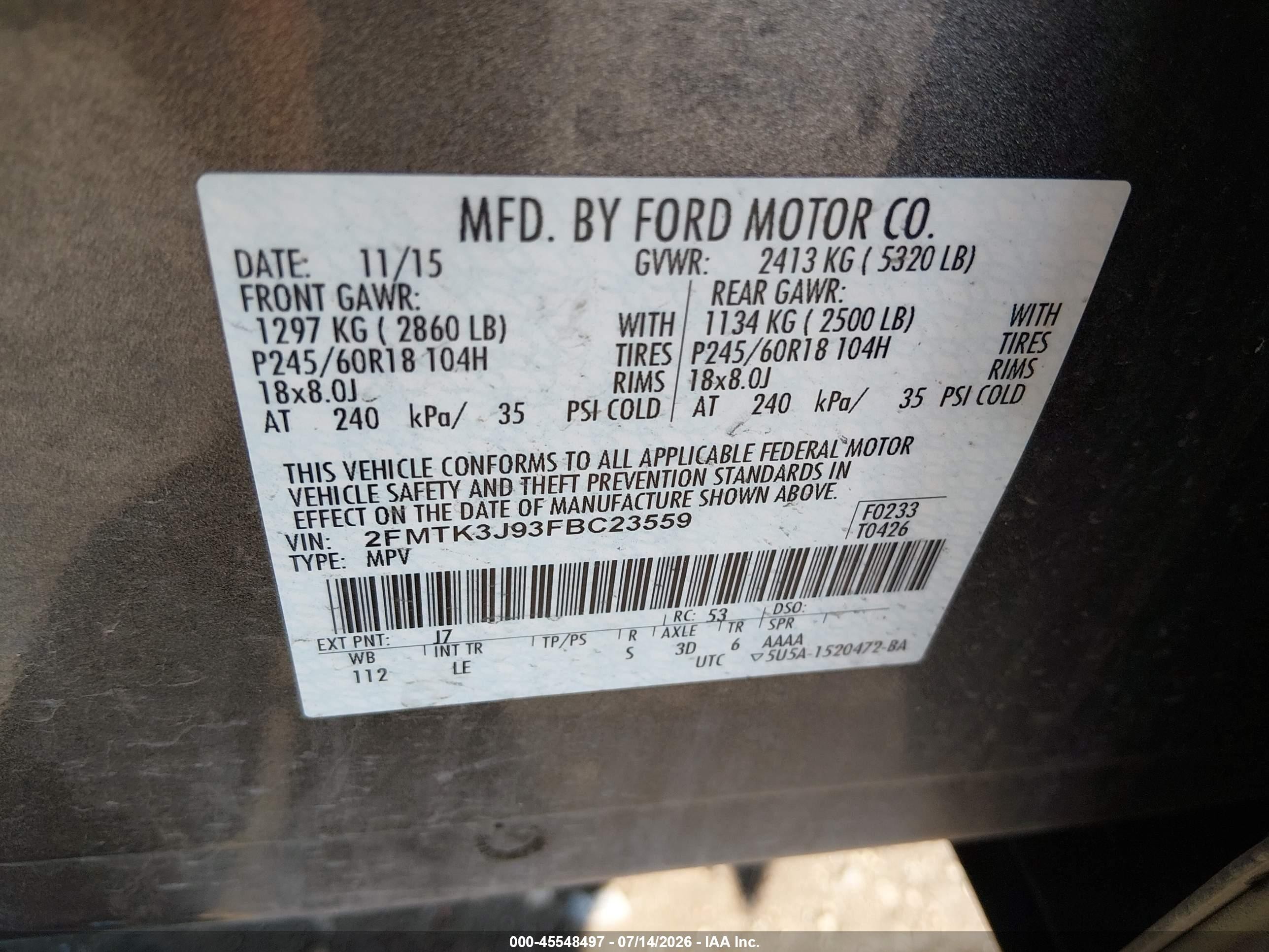 2015 Ford Edge Sel Gray vin: 2FMTK3J93FBC23559