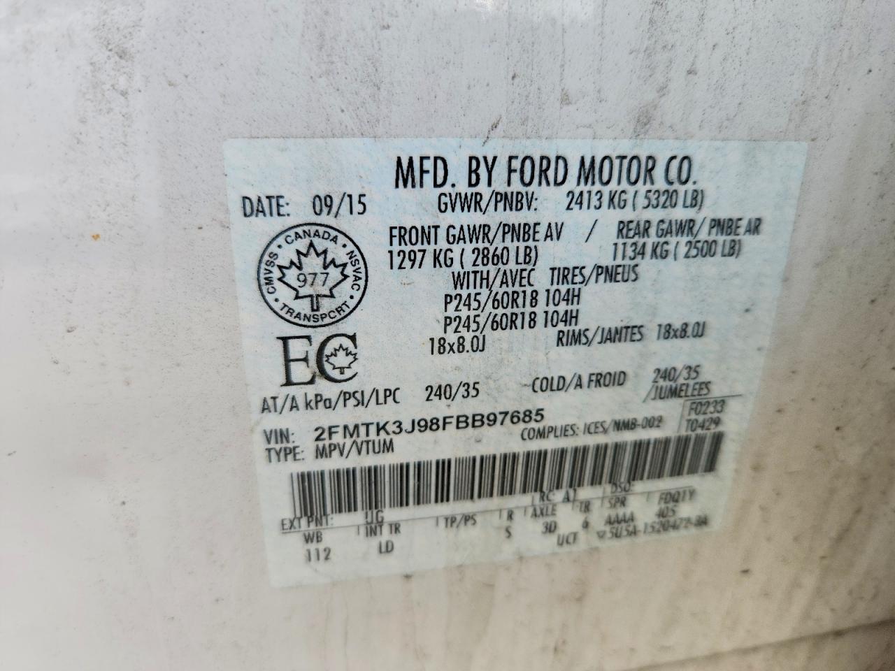 2015 Ford Edge Sel White vin: 2FMTK3J98FBB97685