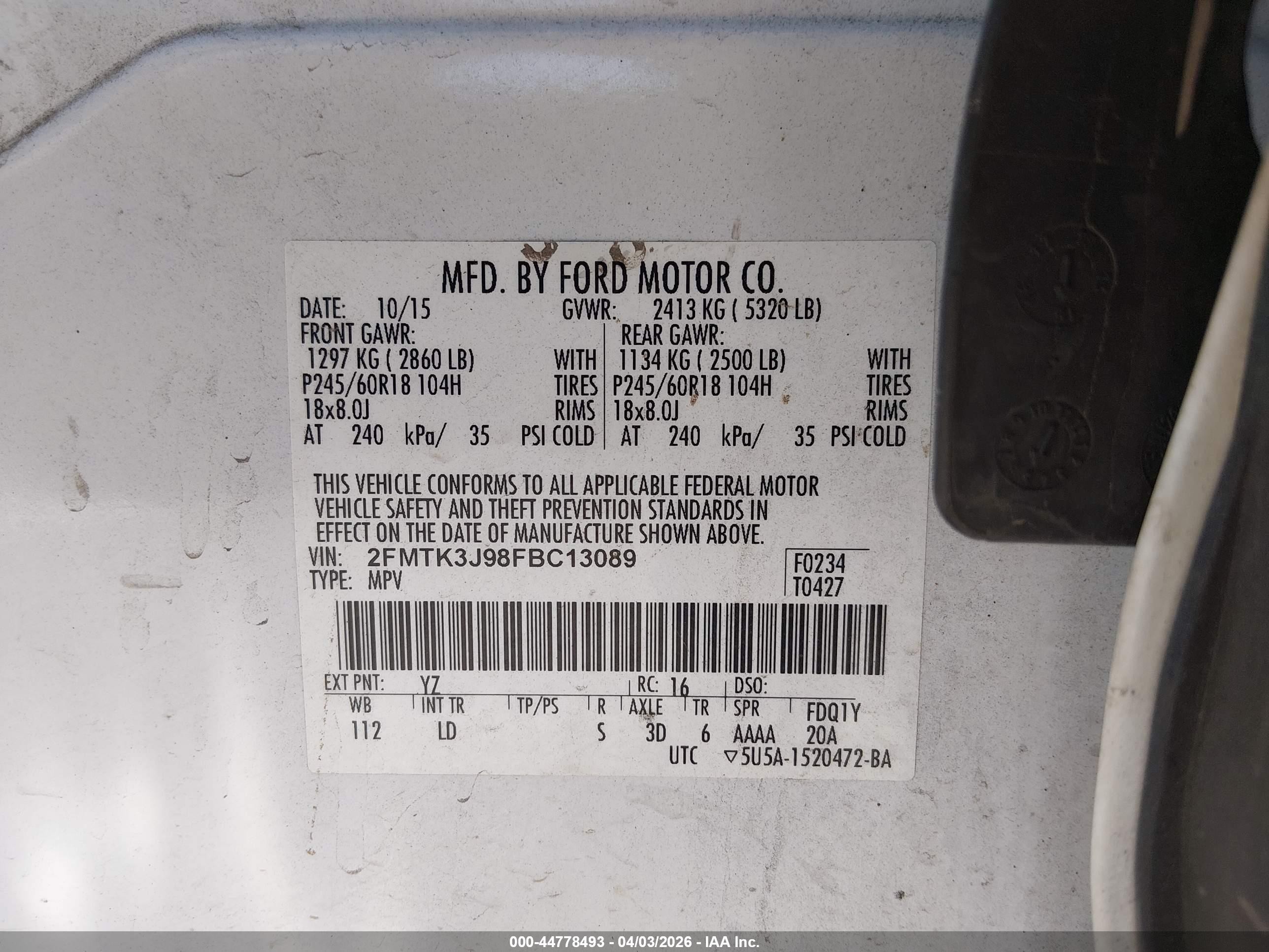 2015 Ford Edge Sel White vin: 2FMTK3J98FBC13089