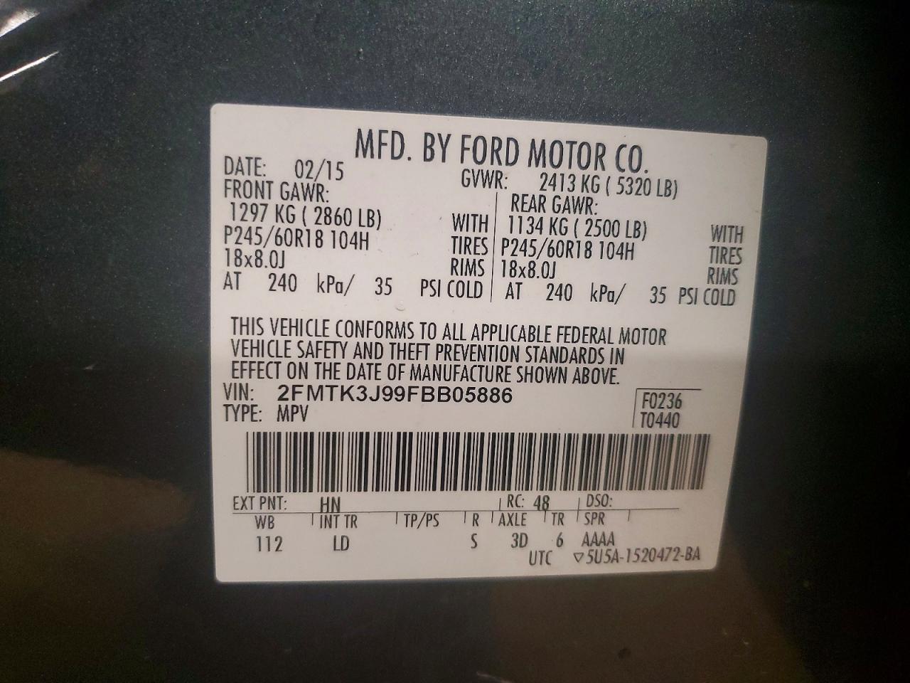2015 Ford Edge Sel Серый vin: 2FMTK3J99FBB05886