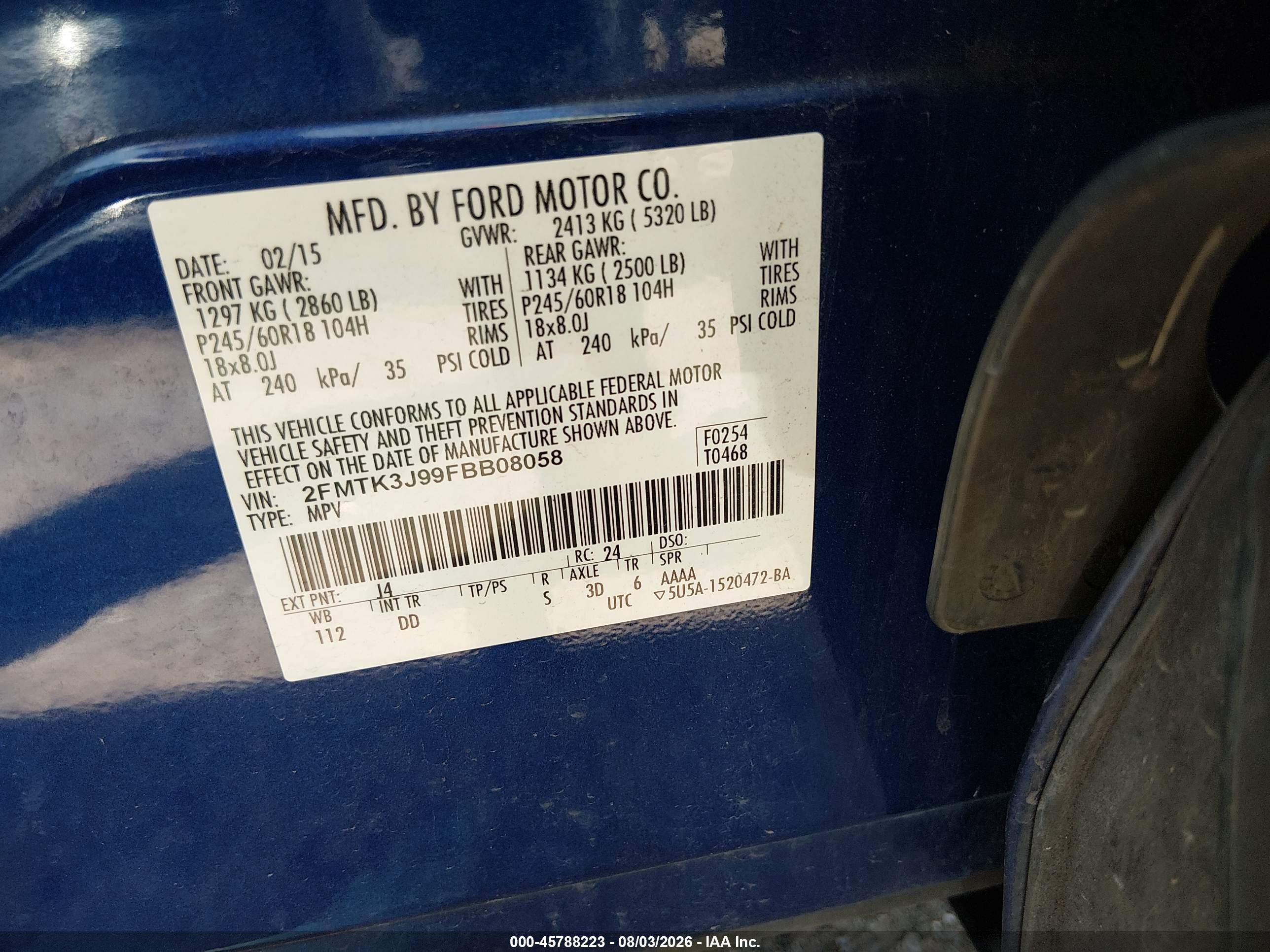 2015 Ford Edge Sel Blue vin: 2FMTK3J99FBB08058