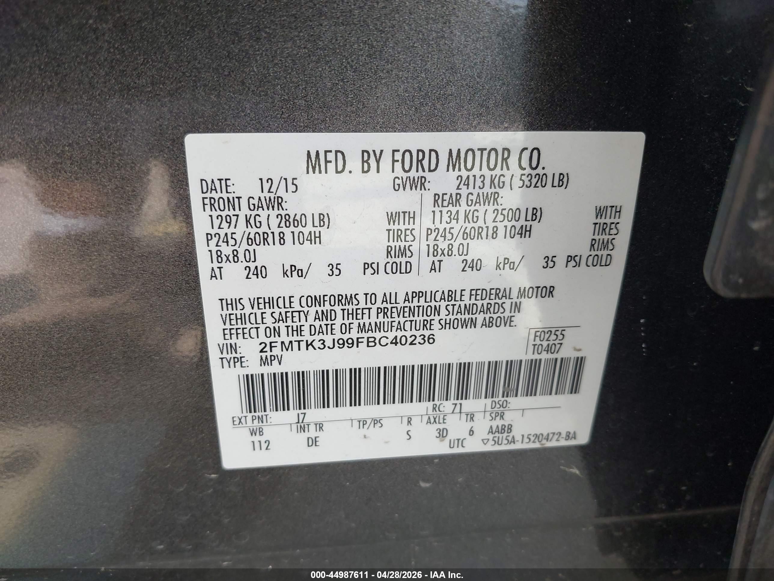 2015 Ford Edge Sel Gray vin: 2FMTK3J99FBC40236