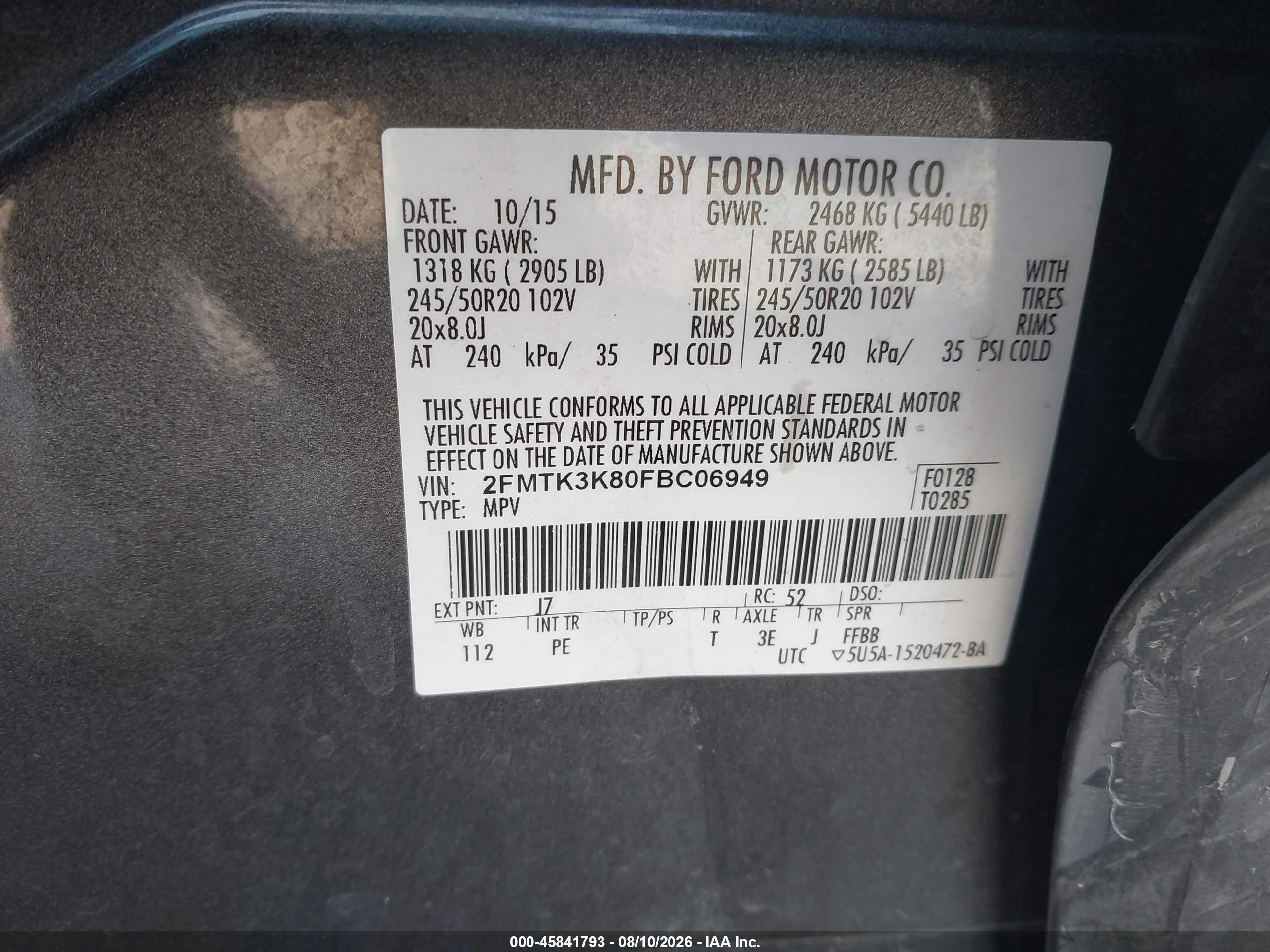 2015 Ford Edge Titanium Gray vin: 2FMTK3K80FBC06949