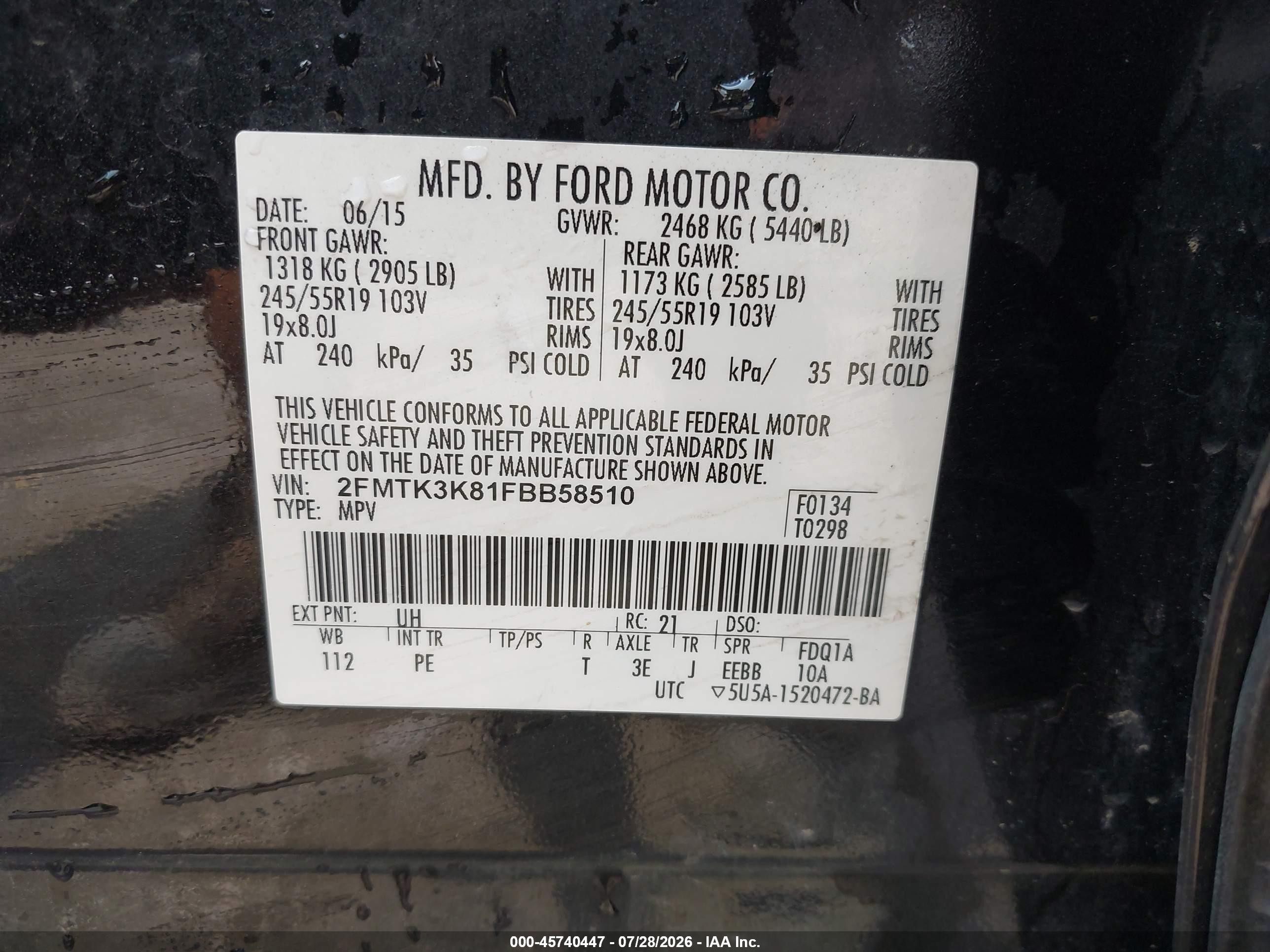 2015 Ford Edge Titanium Black vin: 2FMTK3K81FBB58510