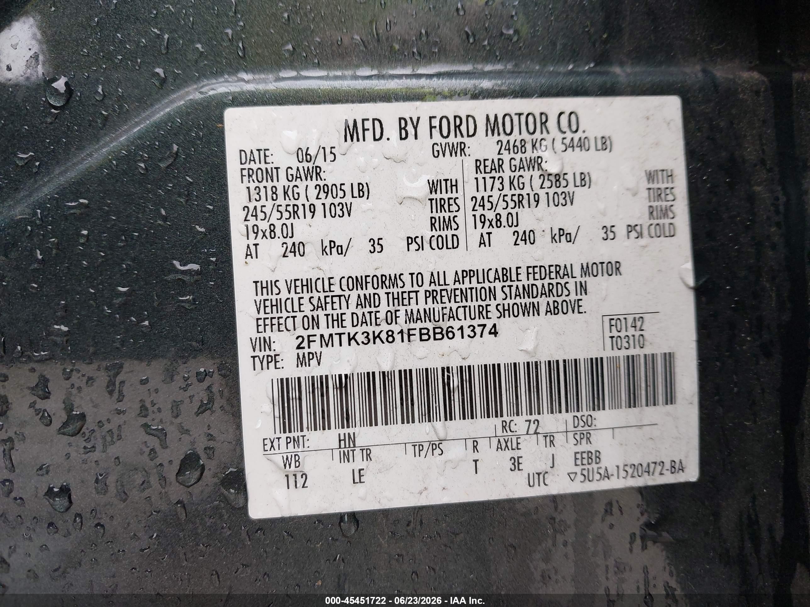 2015 Ford Edge Titanium Gray vin: 2FMTK3K81FBB61374