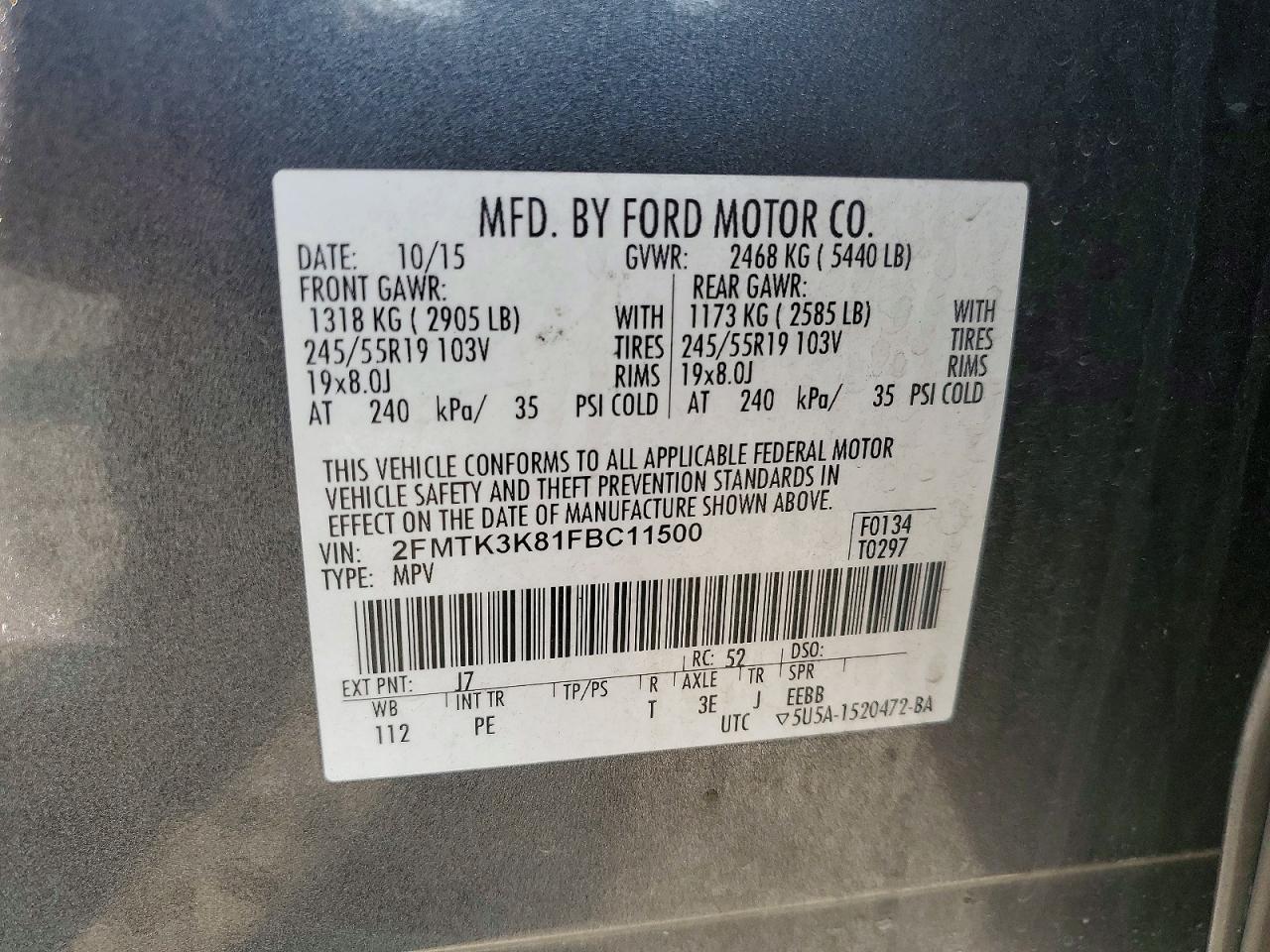 2015 Ford Edge Titanium Charcoal vin: 2FMTK3K81FBC11500
