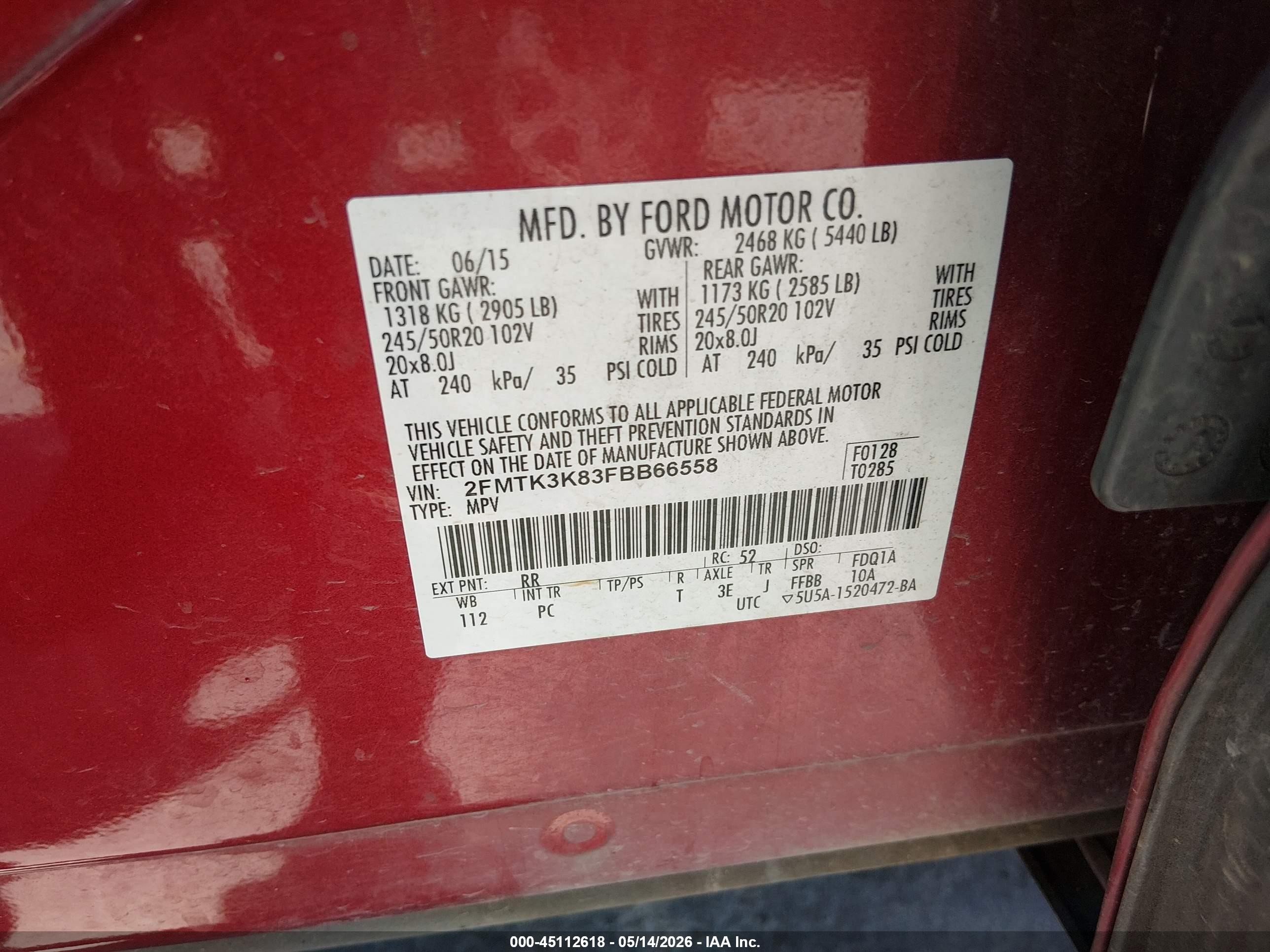 2015 Ford Edge Titanium Red vin: 2FMTK3K83FBB66558