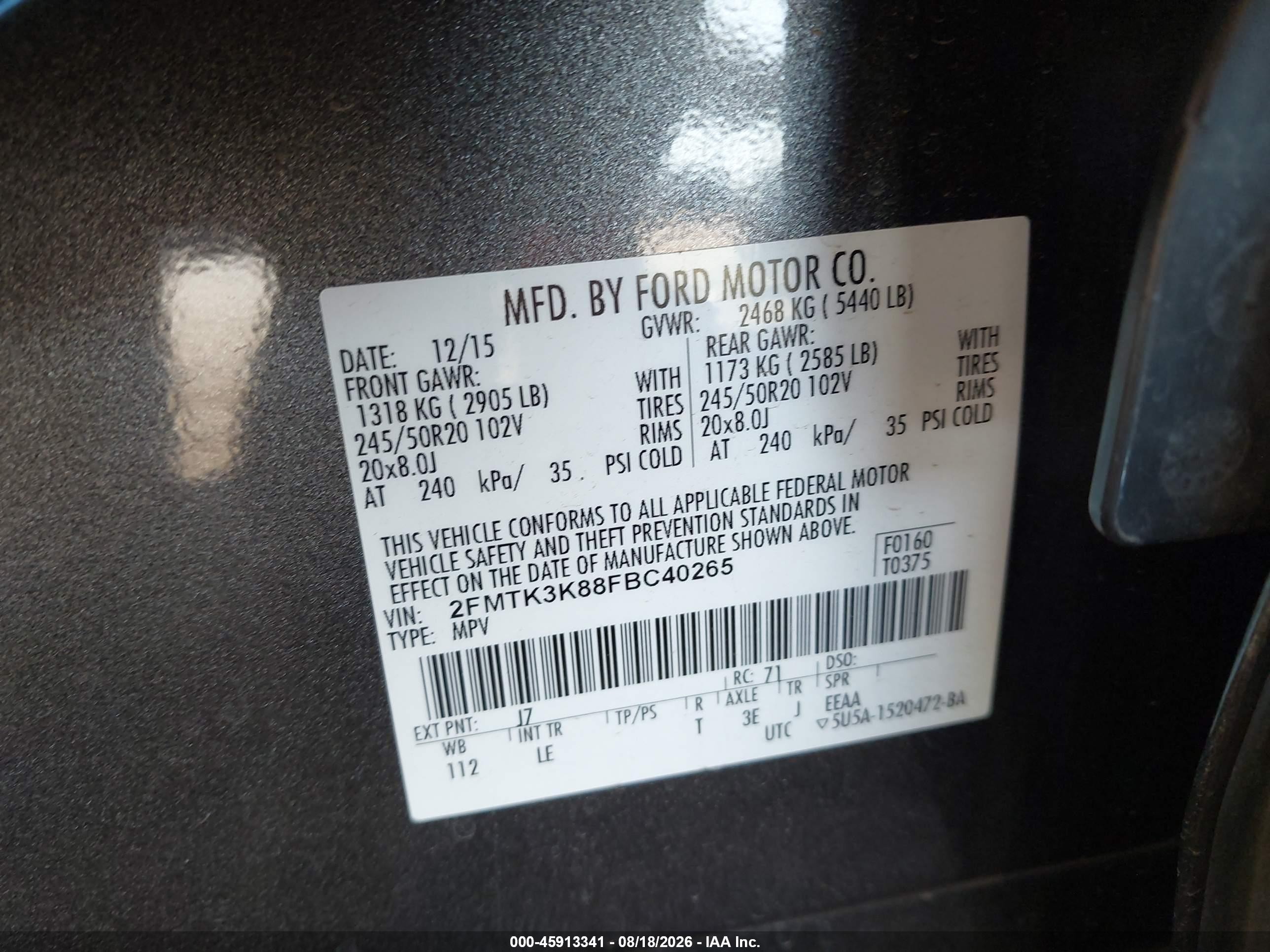 2015 Ford Edge Titanium Серый vin: 2FMTK3K88FBC40265