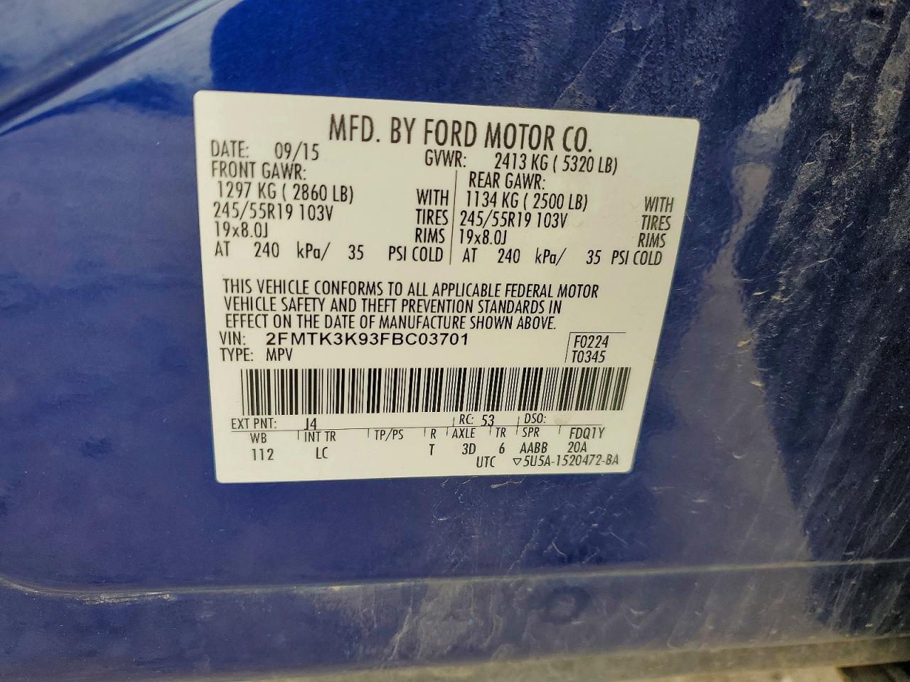 2015 Ford Edge Titanium Blue vin: 2FMTK3K93FBC03701