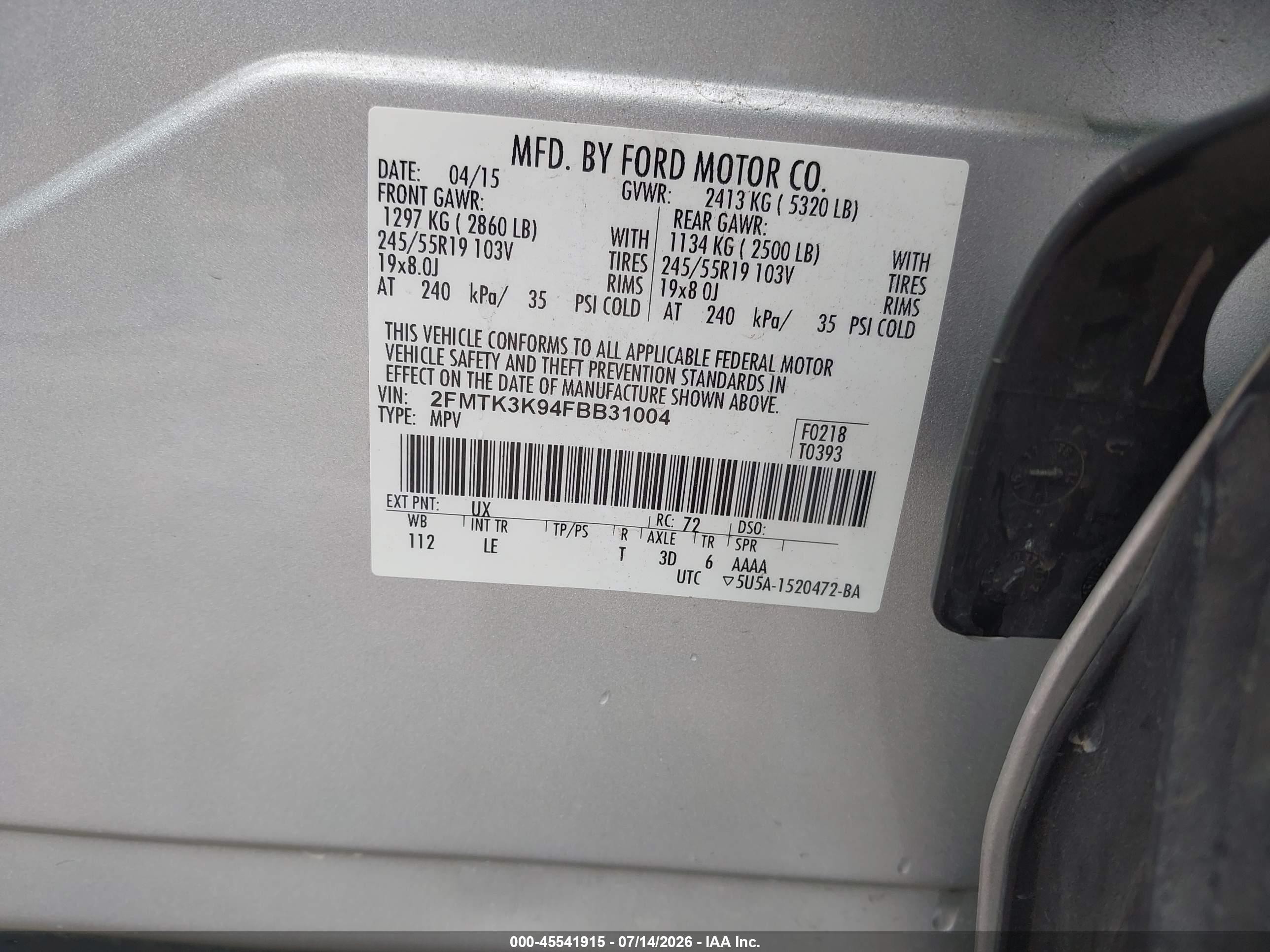 2015 Ford Edge Titanium Silver vin: 2FMTK3K94FBB31004